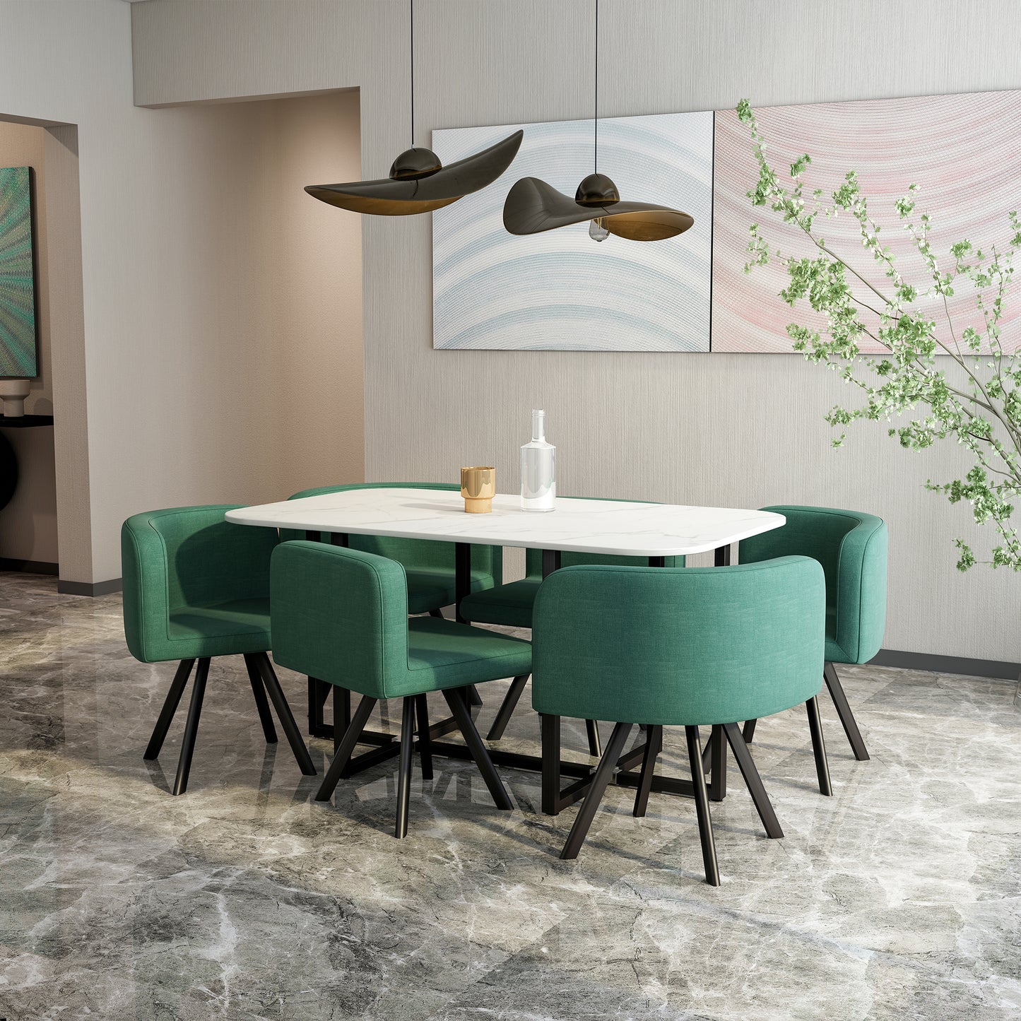 Modern white dining table with teal upholstered chairs