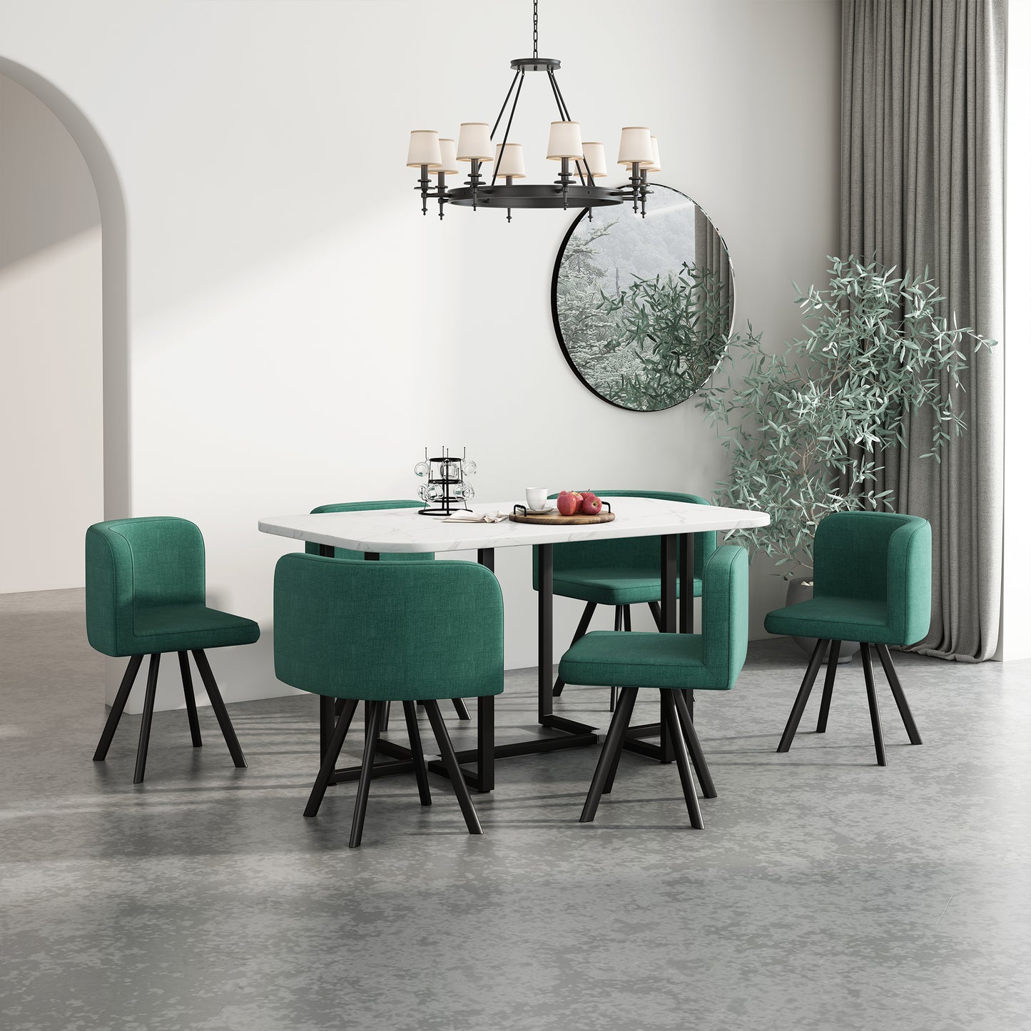 Emerald green upholstered dining chair with black legs