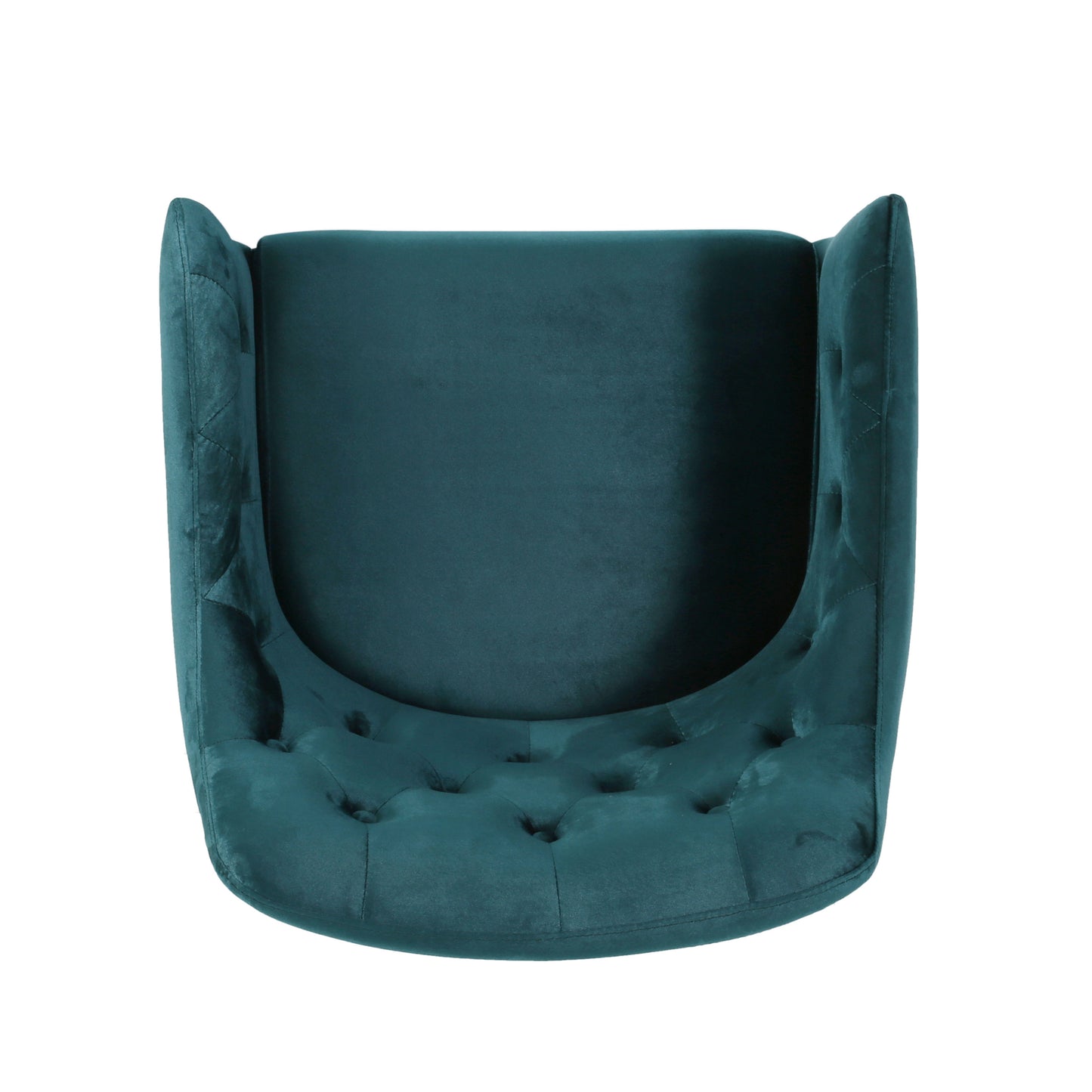 Teal velvet armchair with tufted seat and winged backrest