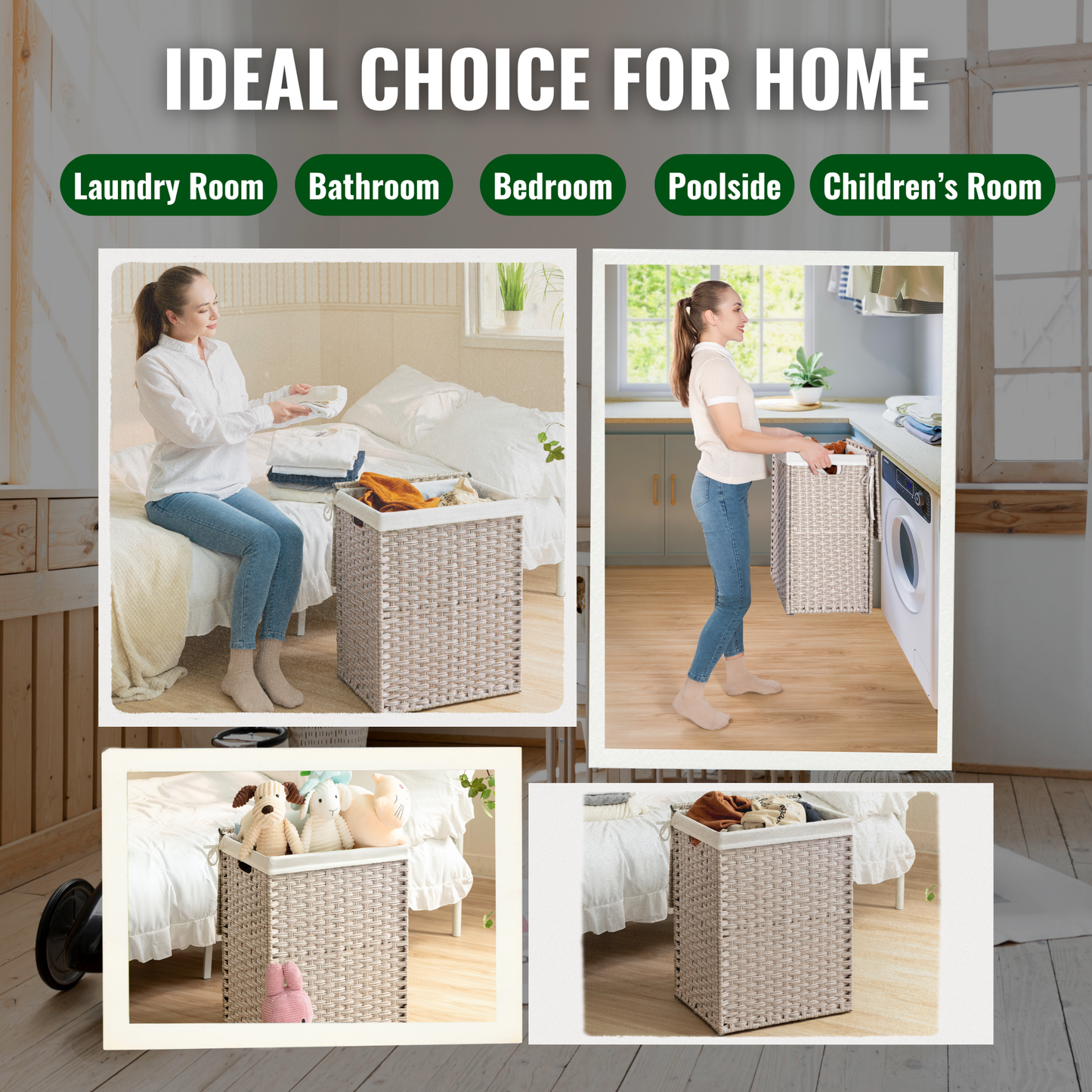 Woven laundry basket in beige with white liner ideal for bedroom storage
