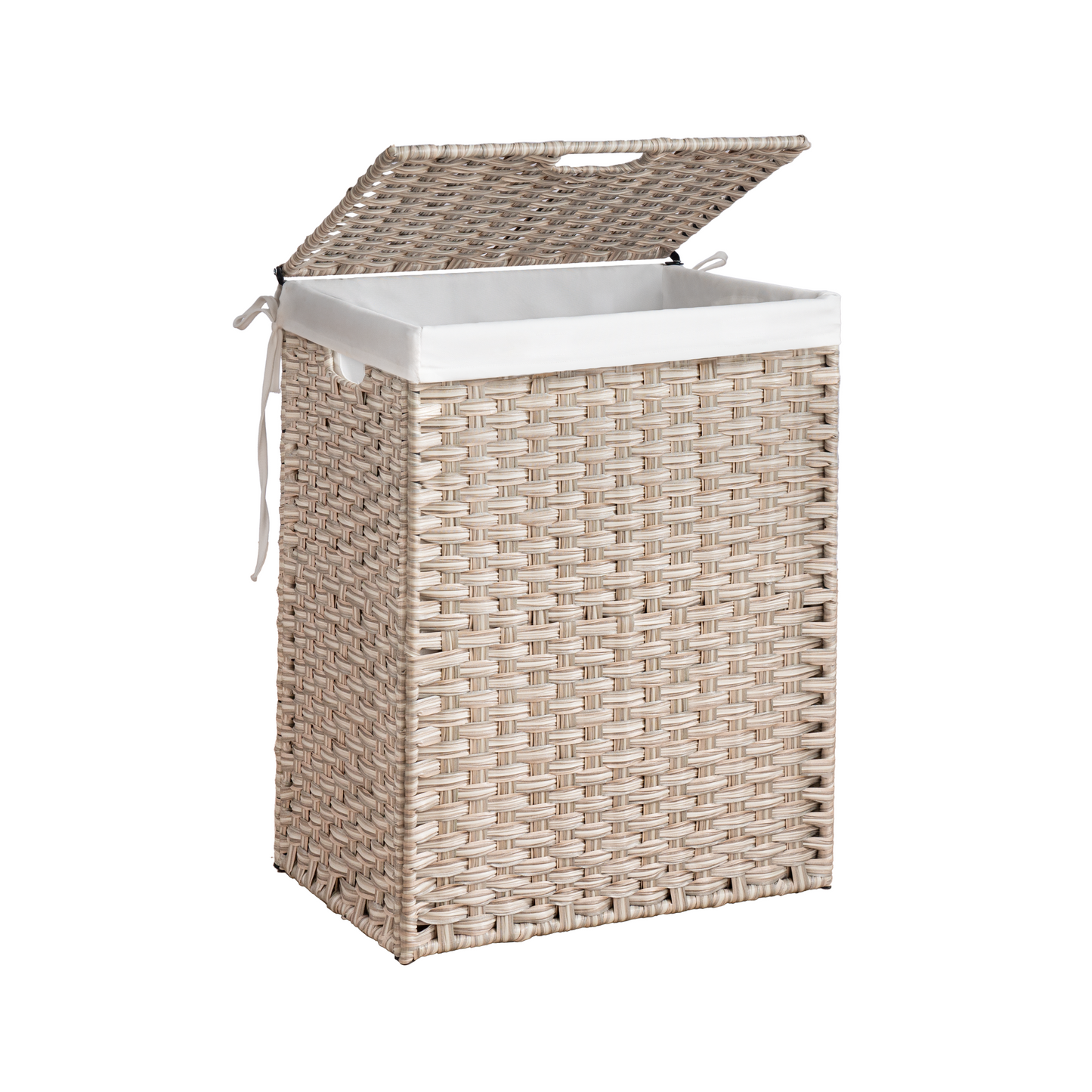 Woven beige laundry hamper with white fabric liner and open lid natural texture