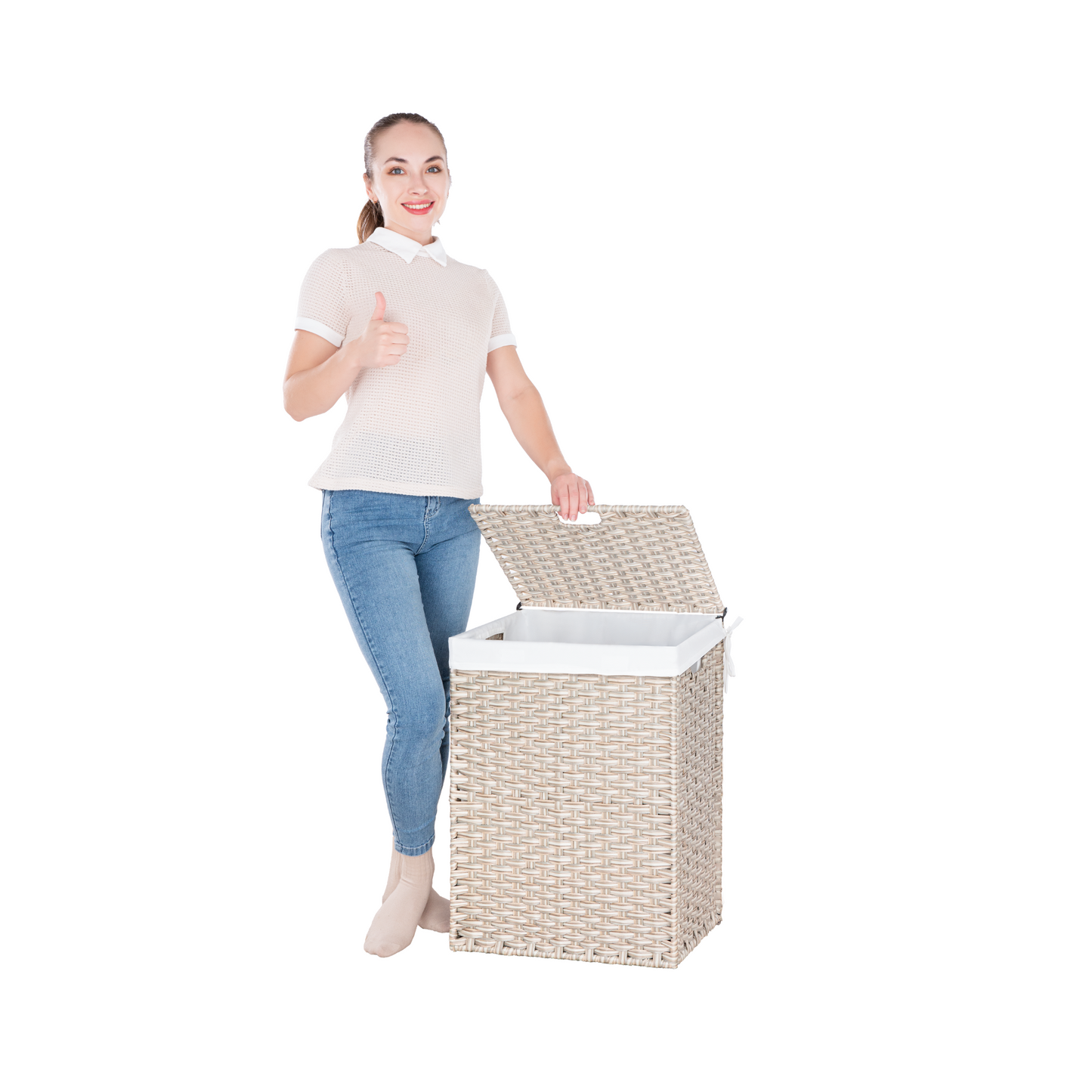 Woven wicker laundry hamper with lid and liner light beige perfect for a modern home