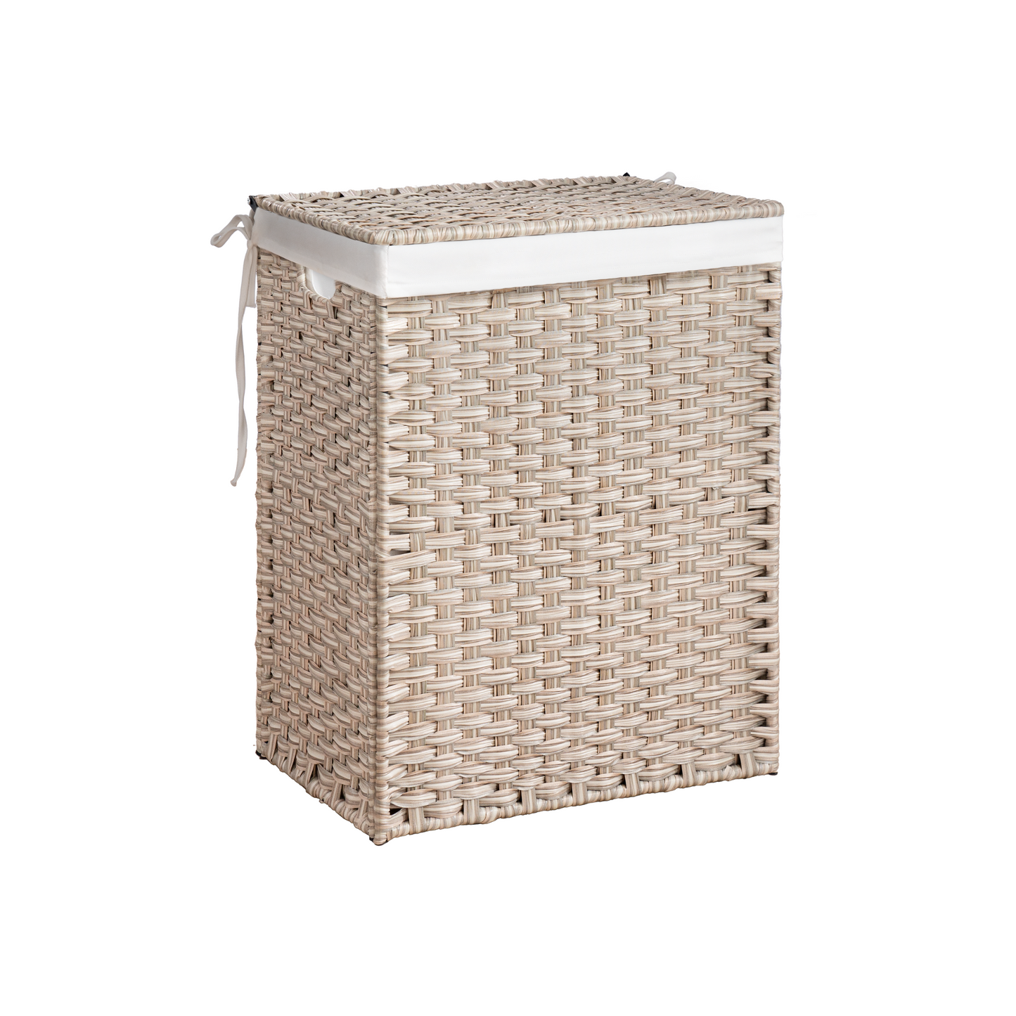 Woven beige wicker laundry basket with white fabric liner and lid ideal for home organization