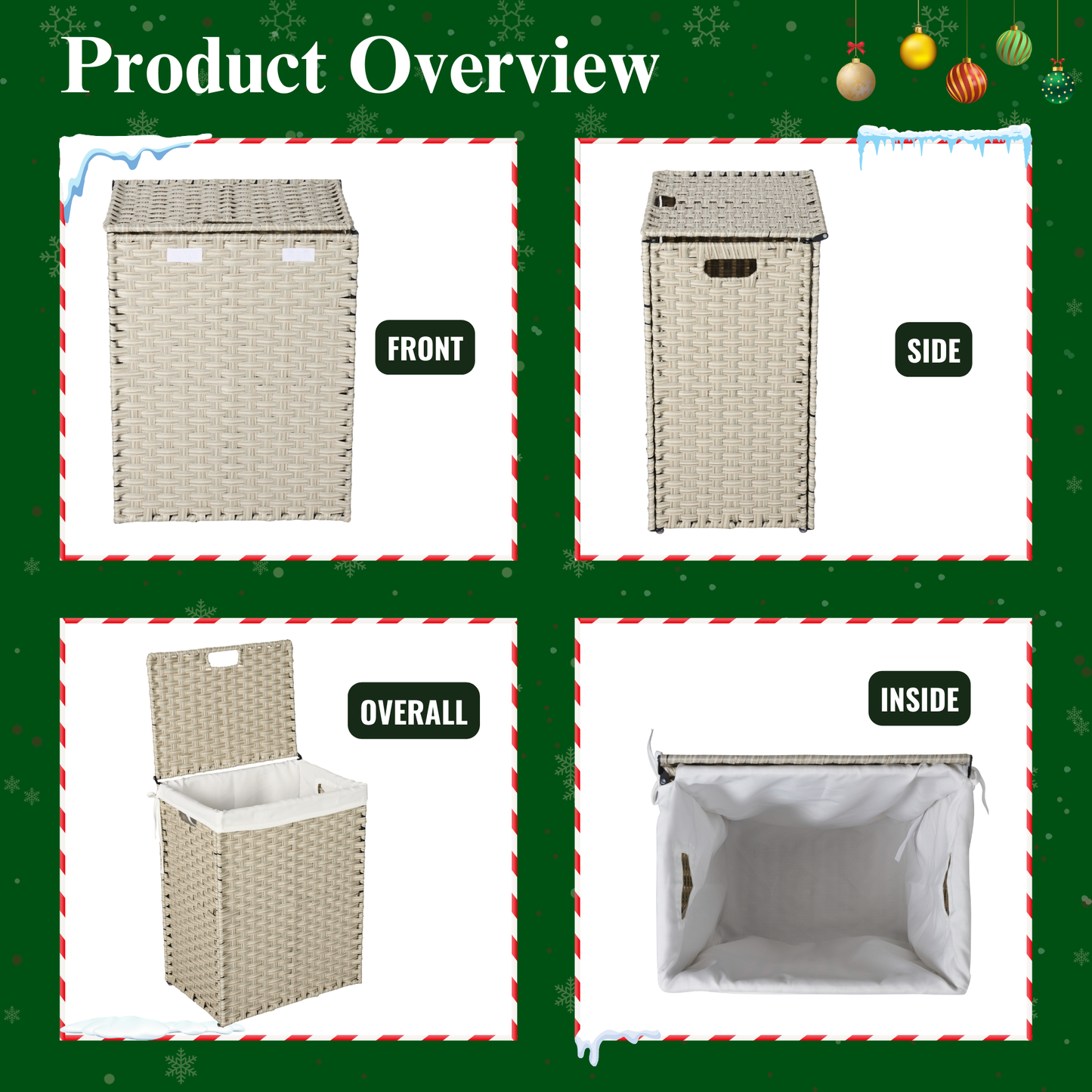 Beige woven laundry hamper with a lid showing the front view