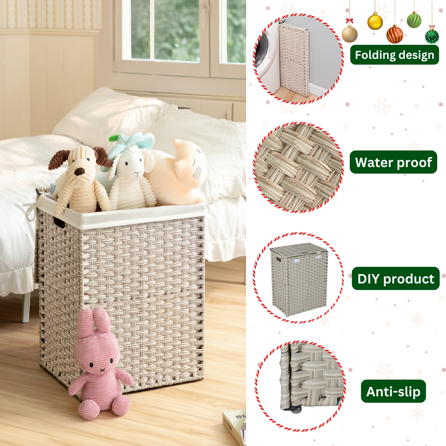 Woven laundry hamper with white lining beige color ideal for bedroom storage