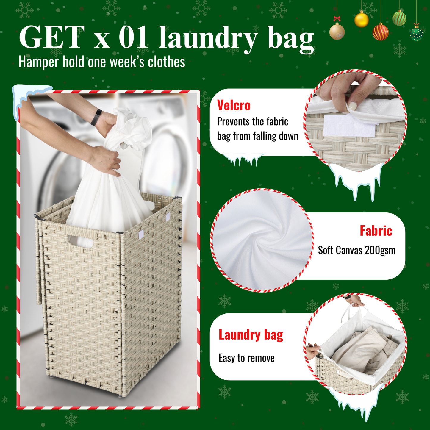 Woven beige laundry hamper with builtin handles for easy transport of clothes