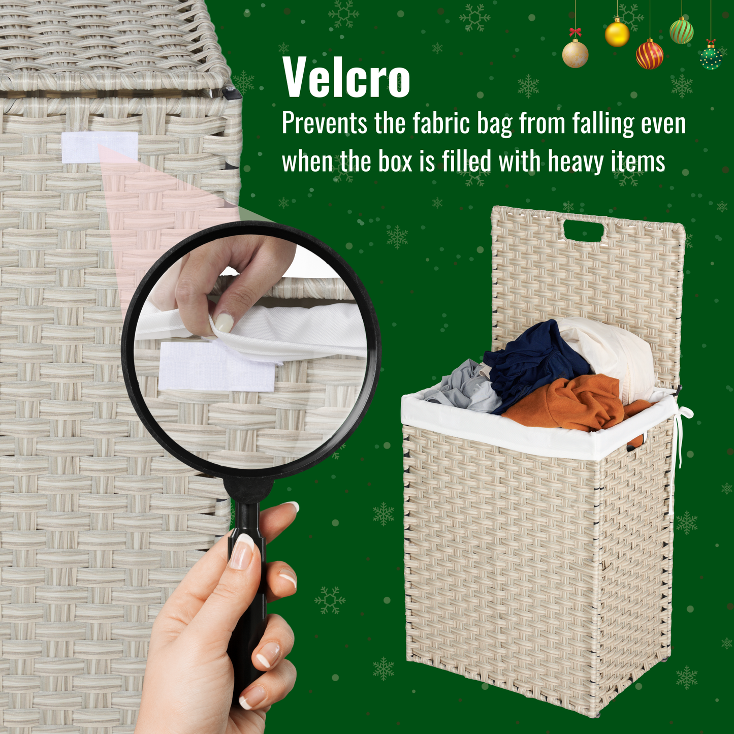 Woven laundry hamper with secure velcro closure for fabric bag beige