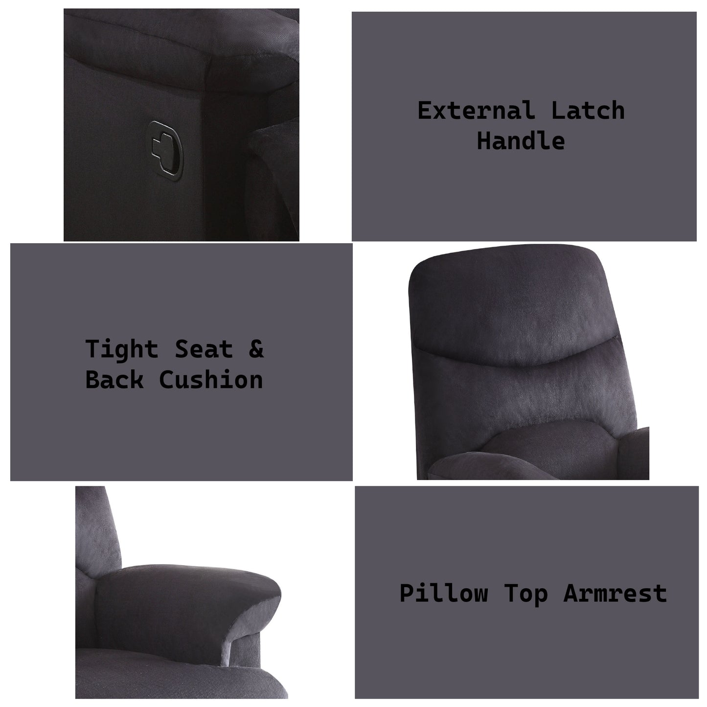 Dark gray recliner fabric with visible external latch handle for easy operation