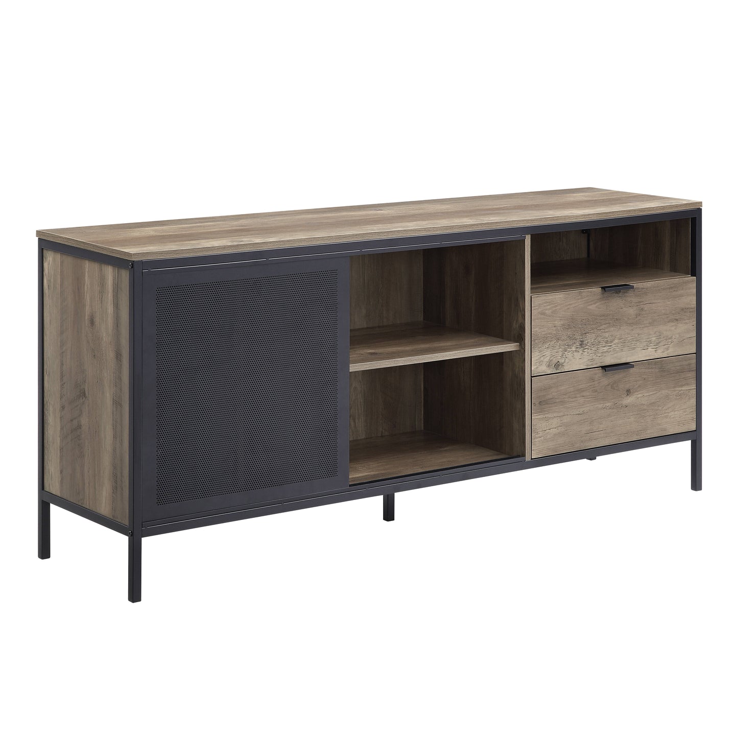 Rustic wood and black metal TV stand with sliding door and drawers for storage