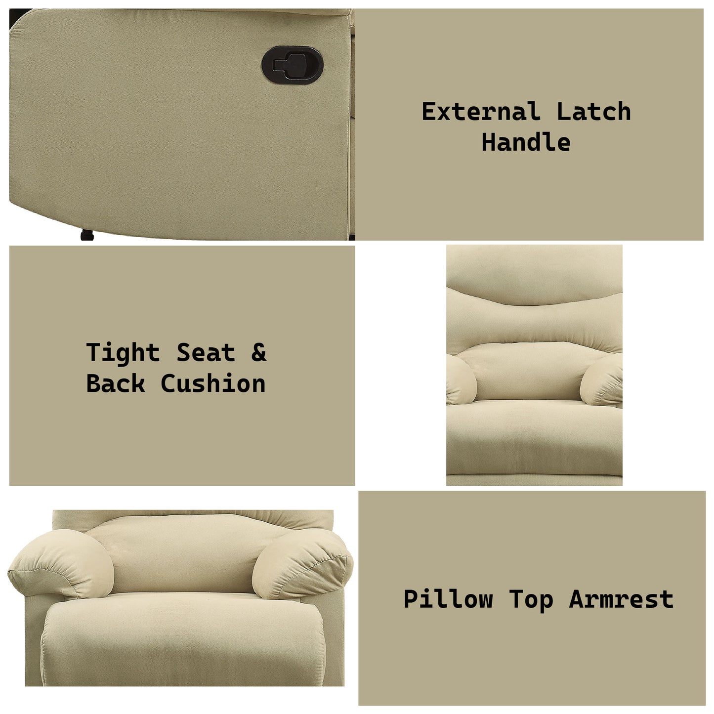 Beige recliner featuring an external latch handle for easy operation
