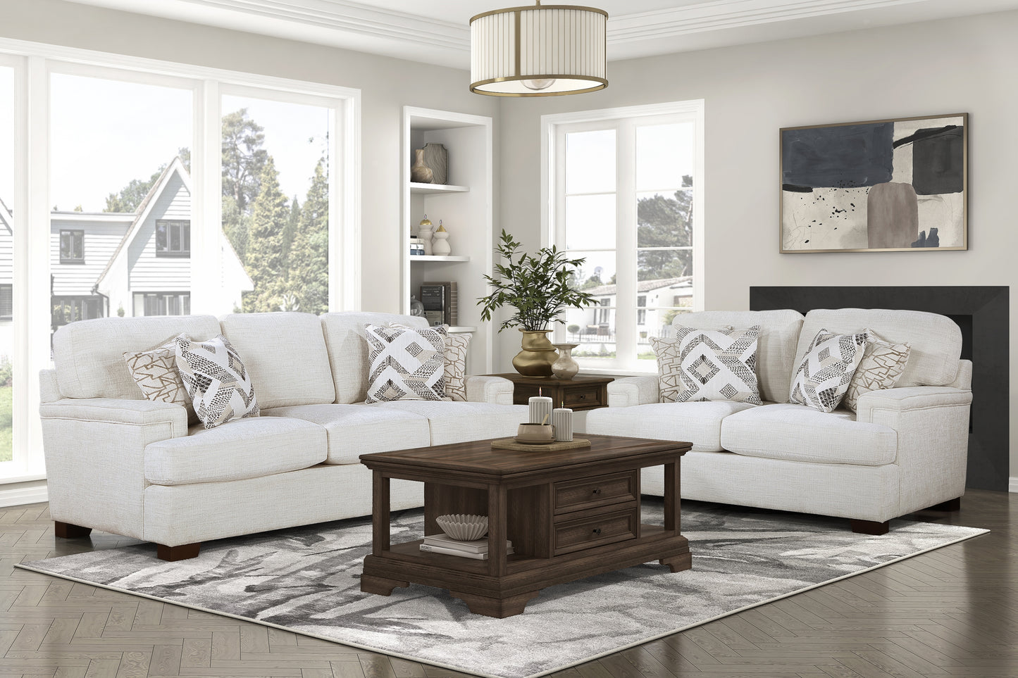 Classic upholstered sofa in neutral linen fabric with geometric accent pillows for comfortable living room seating