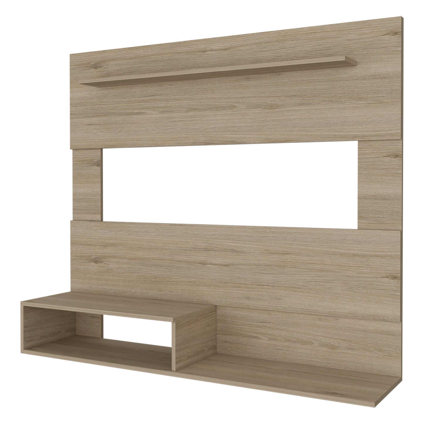 Light oak wood TV stand with floating shelves and open storage