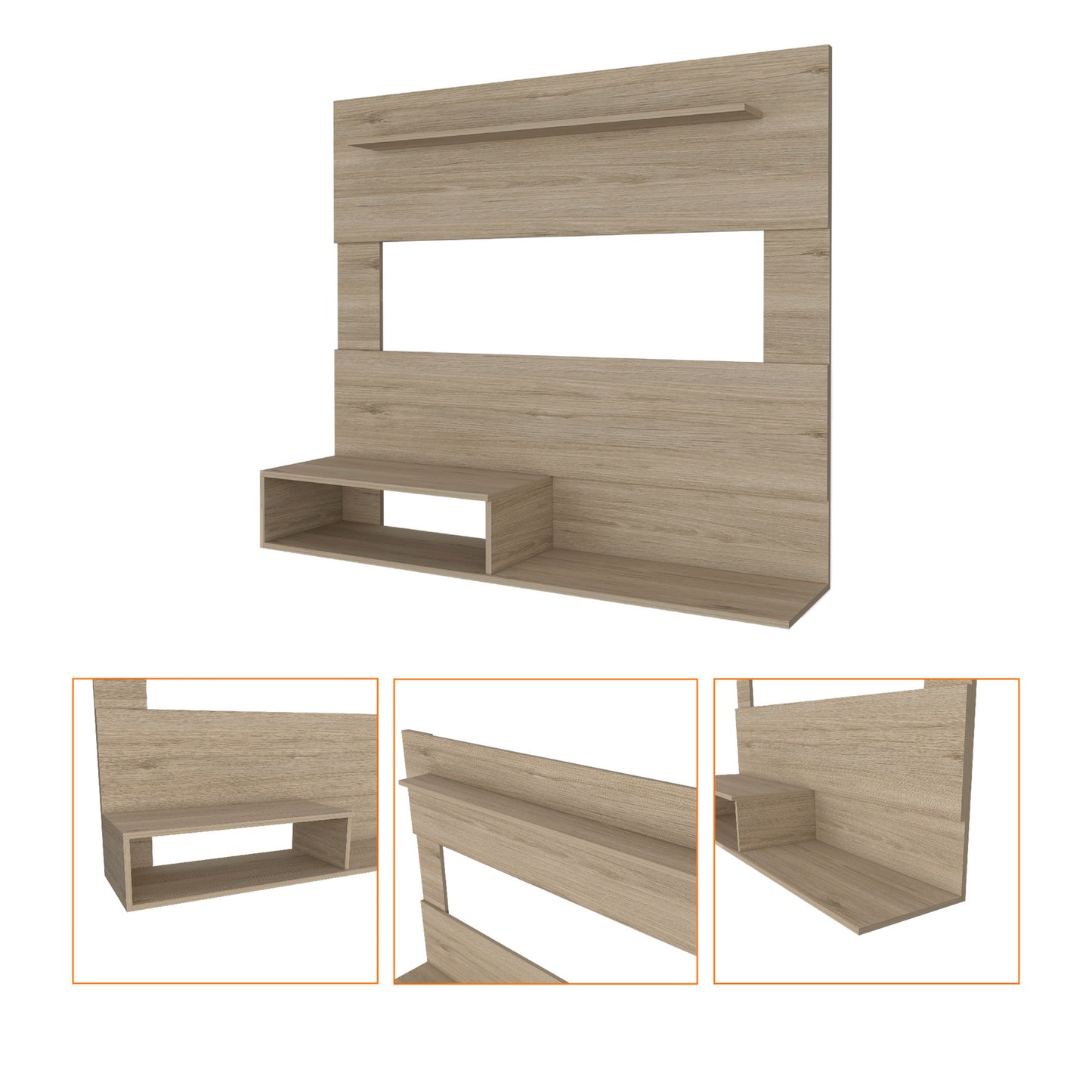 Modern light wood entertainment center with open shelving and a horizontal display niche