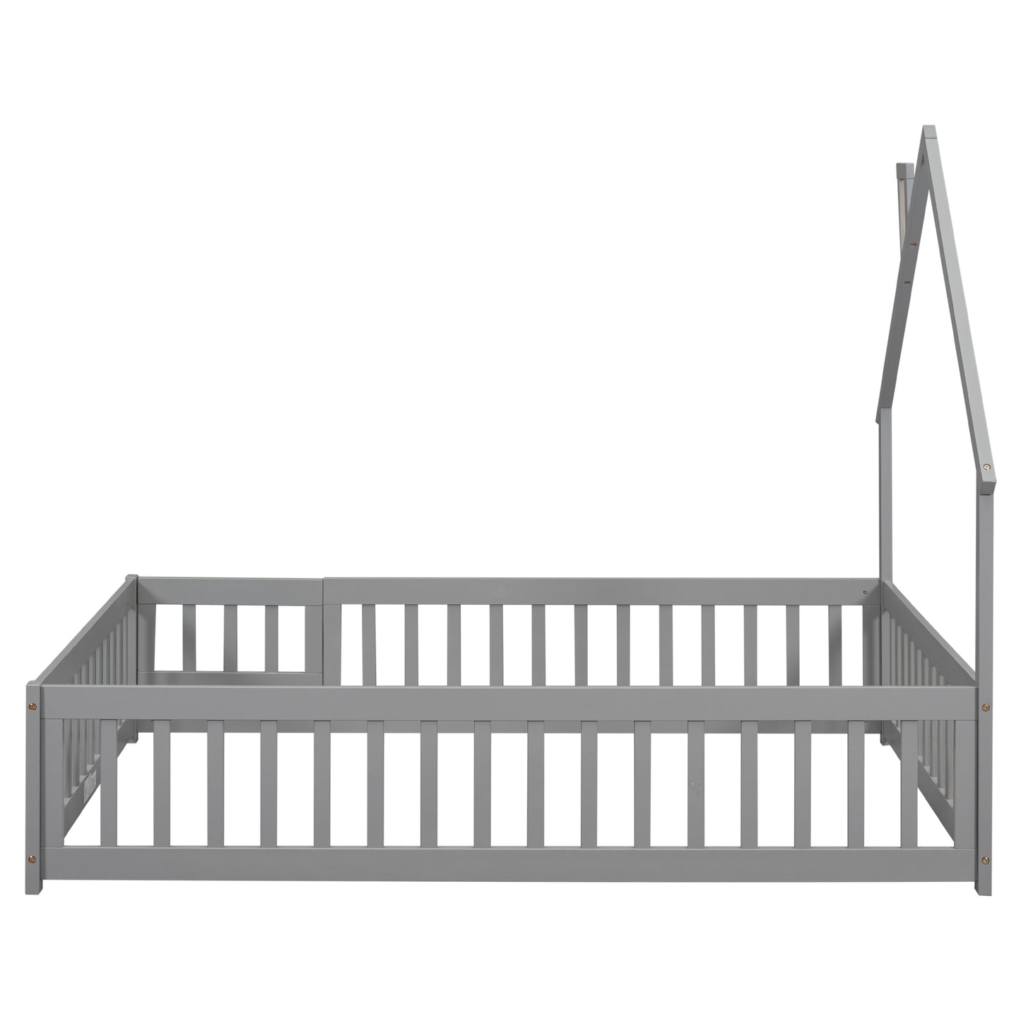 Gray wooden toddler bed frame with houseshaped canopy and safety rails