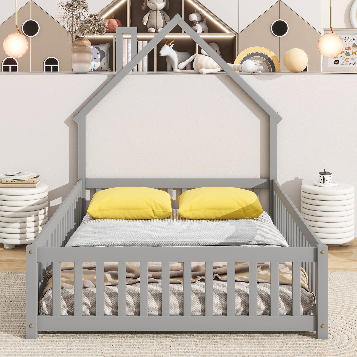 Gray wooden house bed frame for kids with yellow pillows