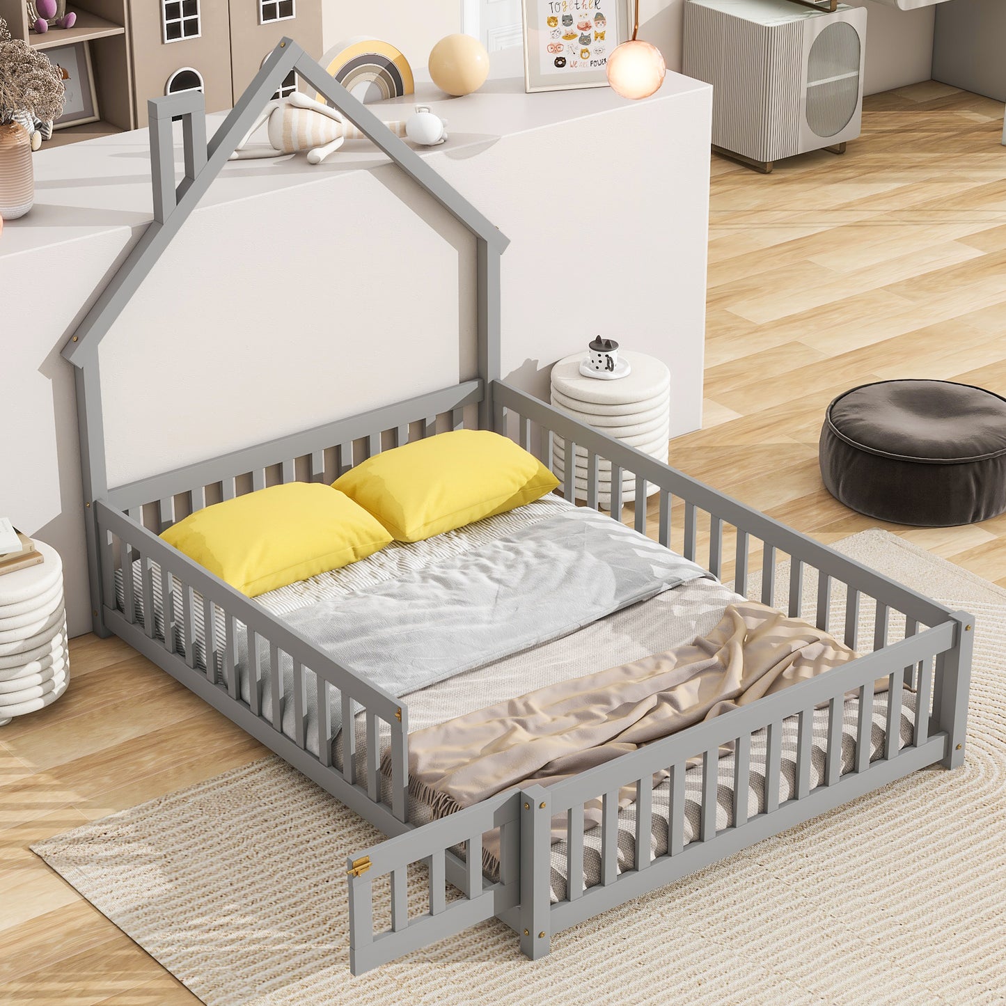 Grey wooden toddler bed with houseshaped frame and safety rails