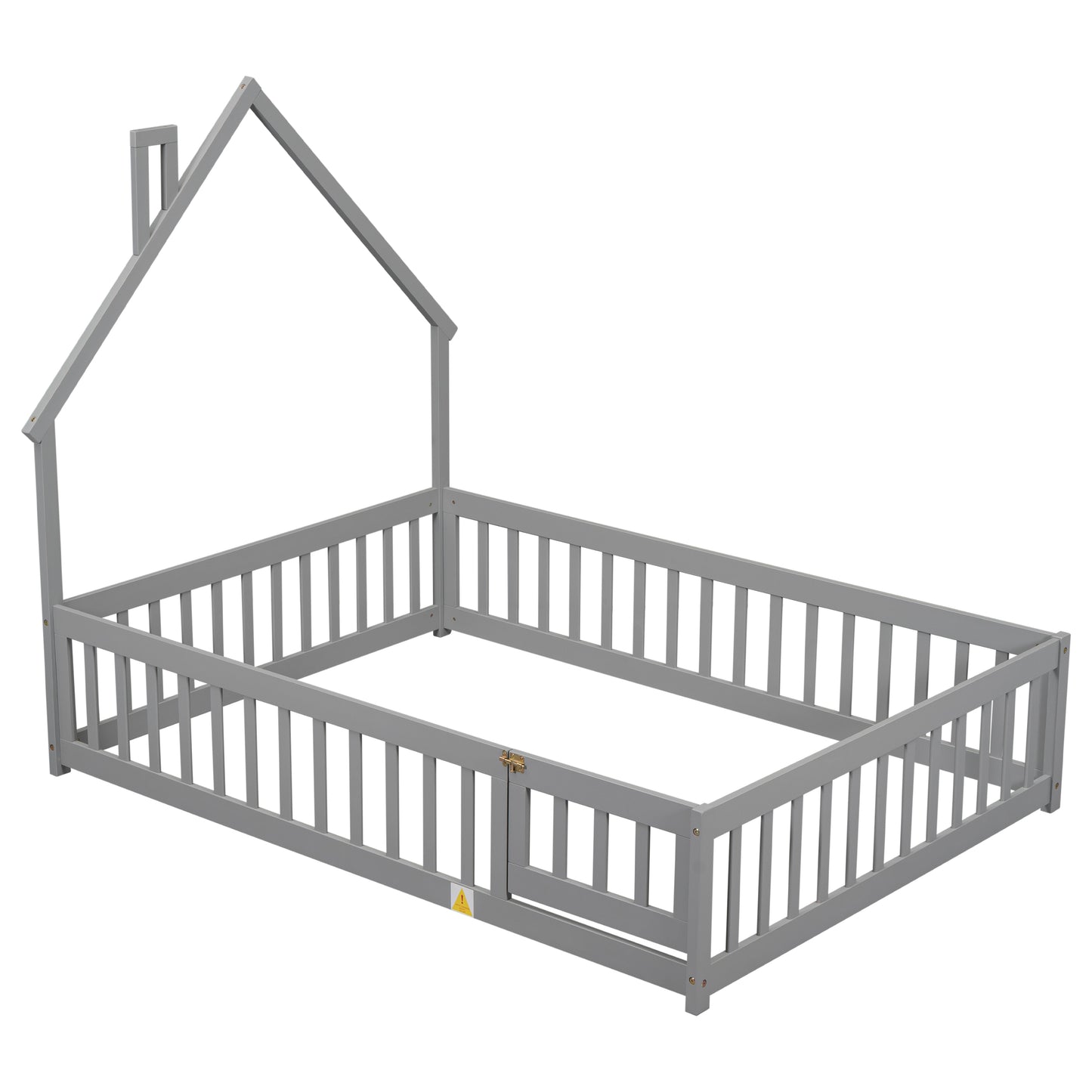Gray wooden house bed frame with railing and a pitched roof detail