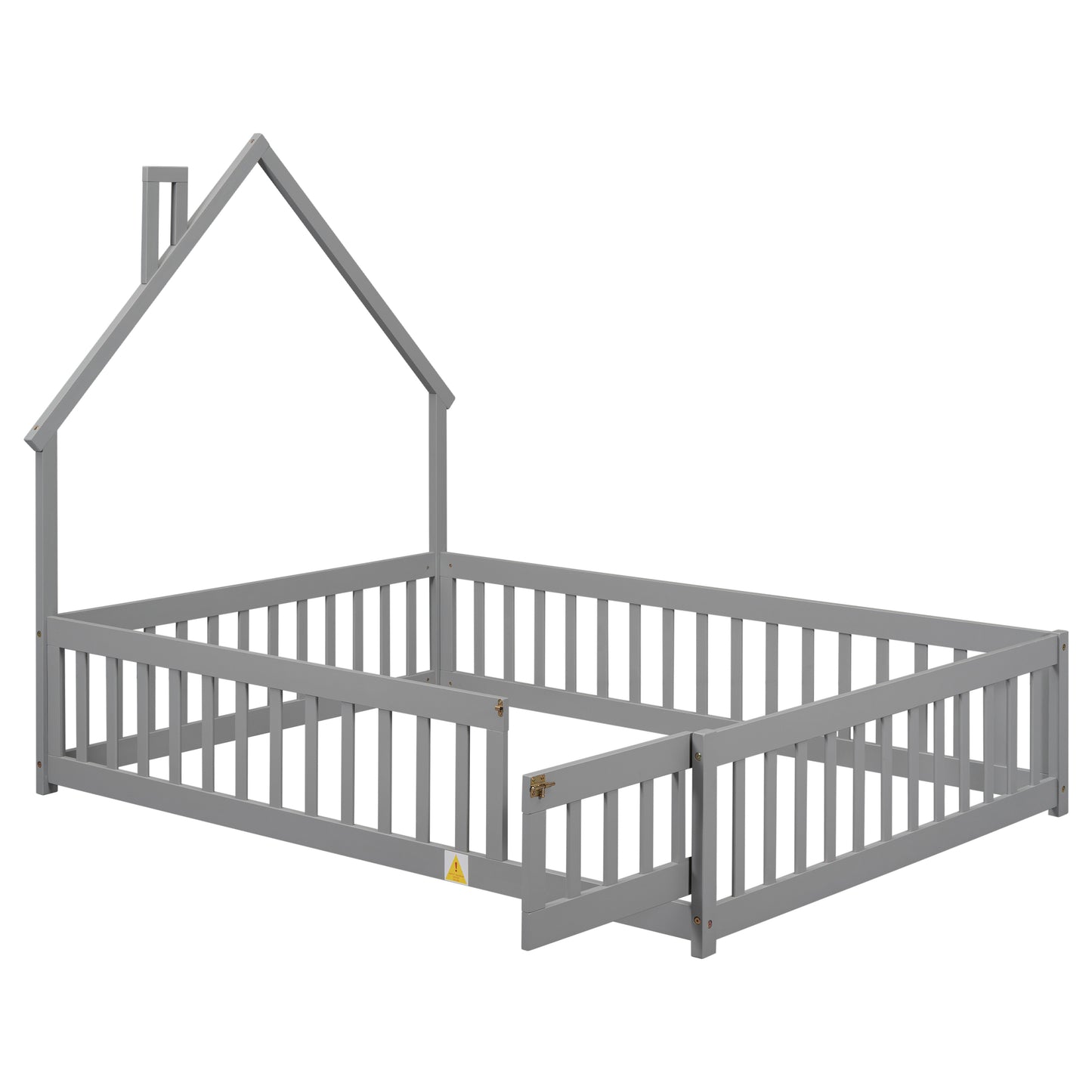 Grey wooden house bed frame with safety rails for toddlers