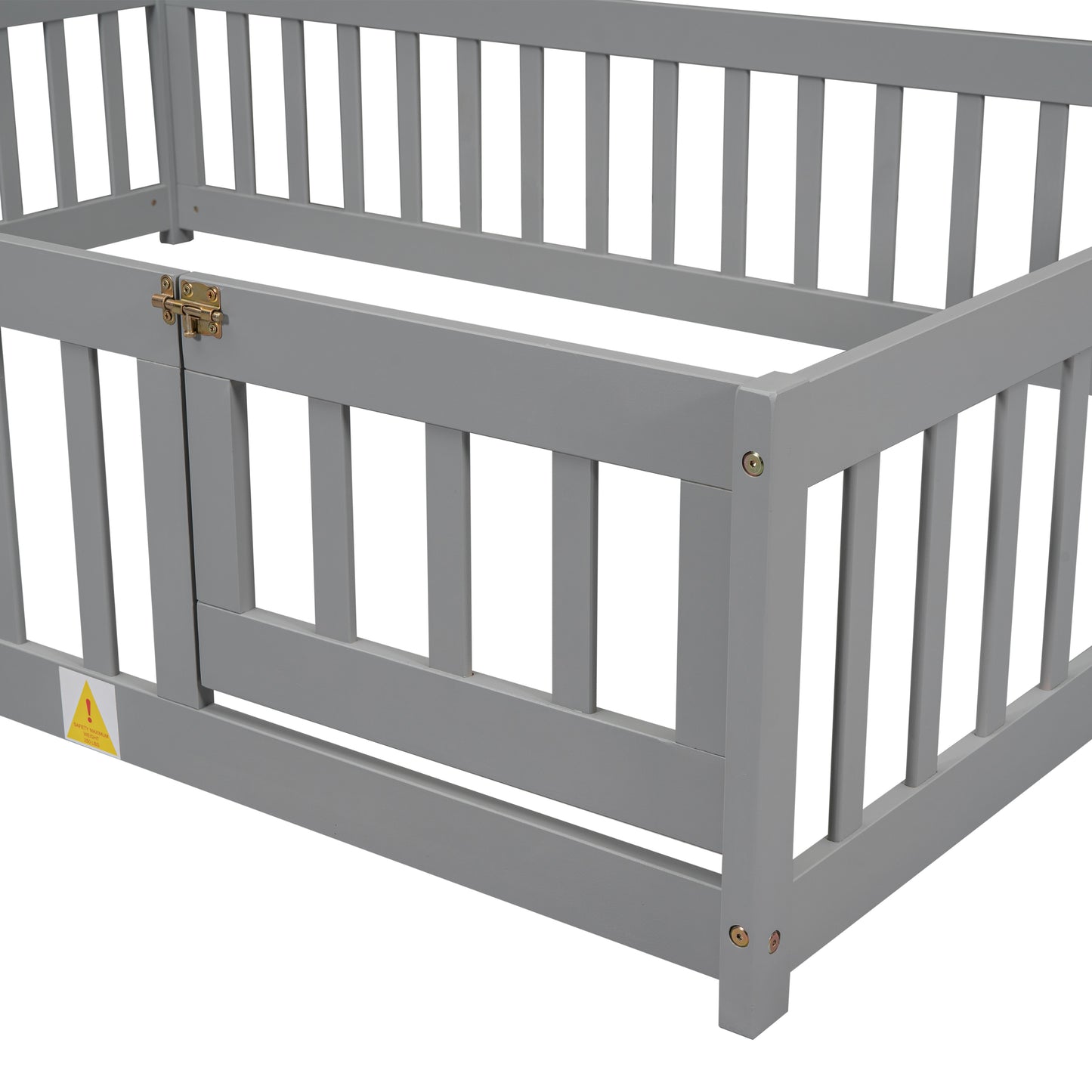 Grey wooden toddler bed rail with safety latch