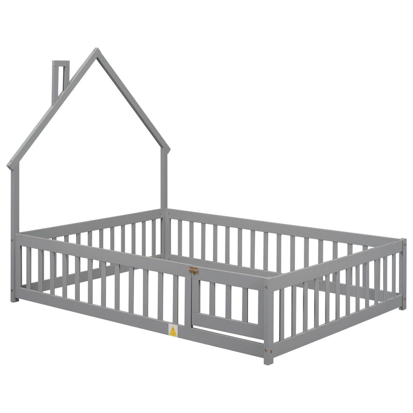 Gray wooden toddler bed frame with houseshaped top and safety rails