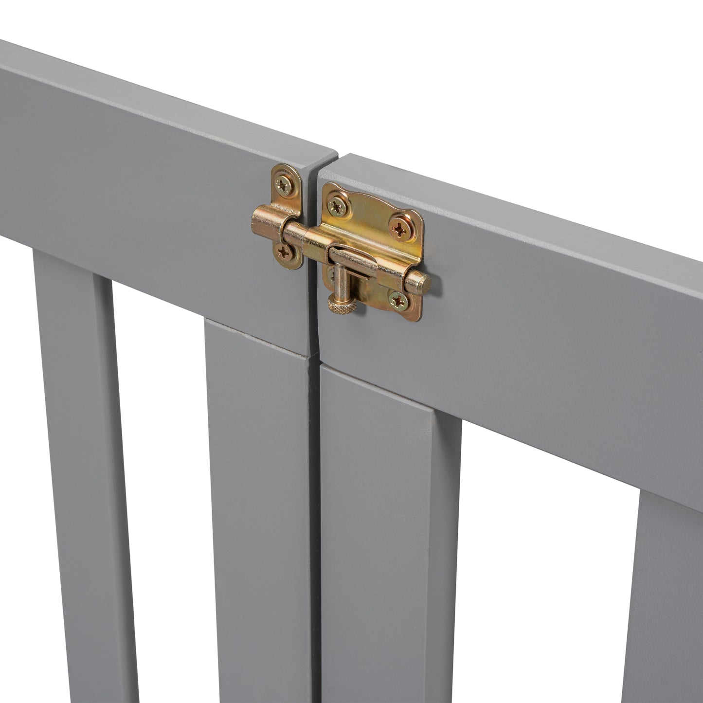 Gray wooden pet gate with brass bolt latch detail