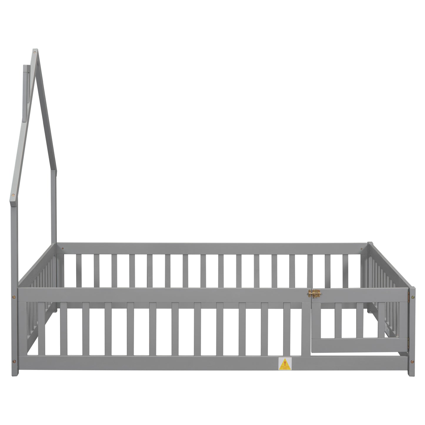 Gray wooden toddler bed frame with house roof design