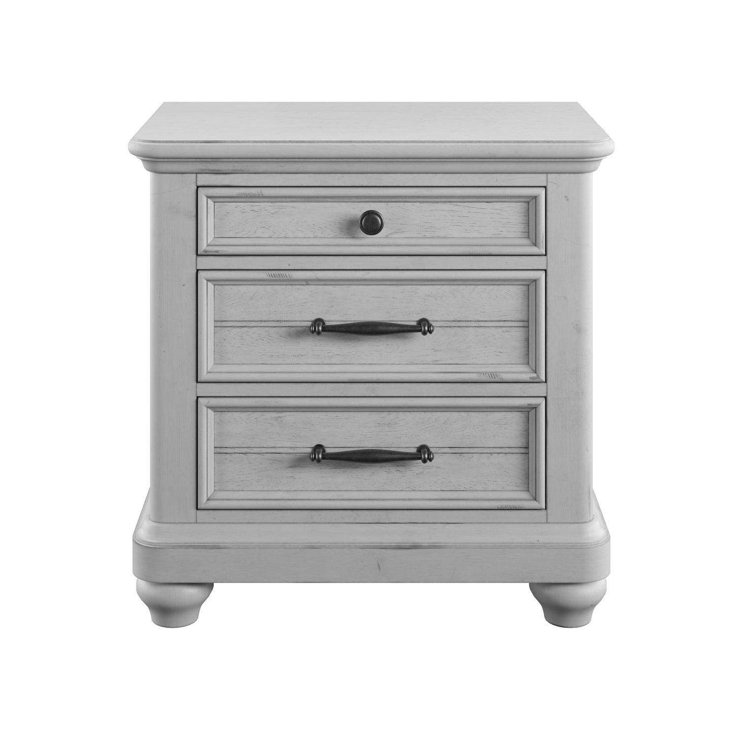 Light gray distressed wood nightstand with one drawer and two pullout drawers