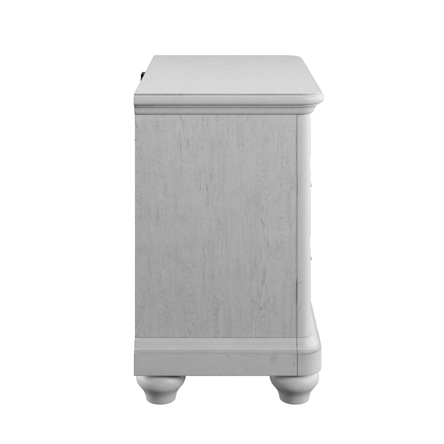 Distressed white wood nightstand with turned feet