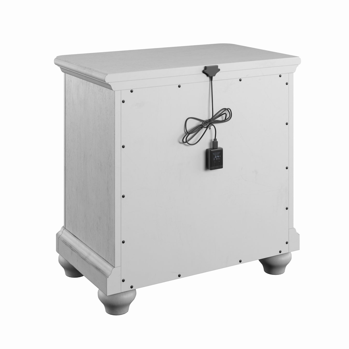 White wooden nightstand with integrated power strip and ornate legs