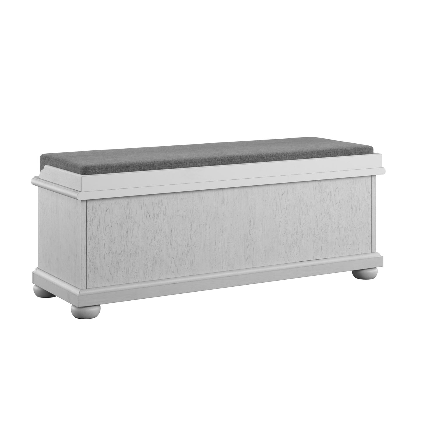 White storage bench with grey upholstered seat and wooden legs