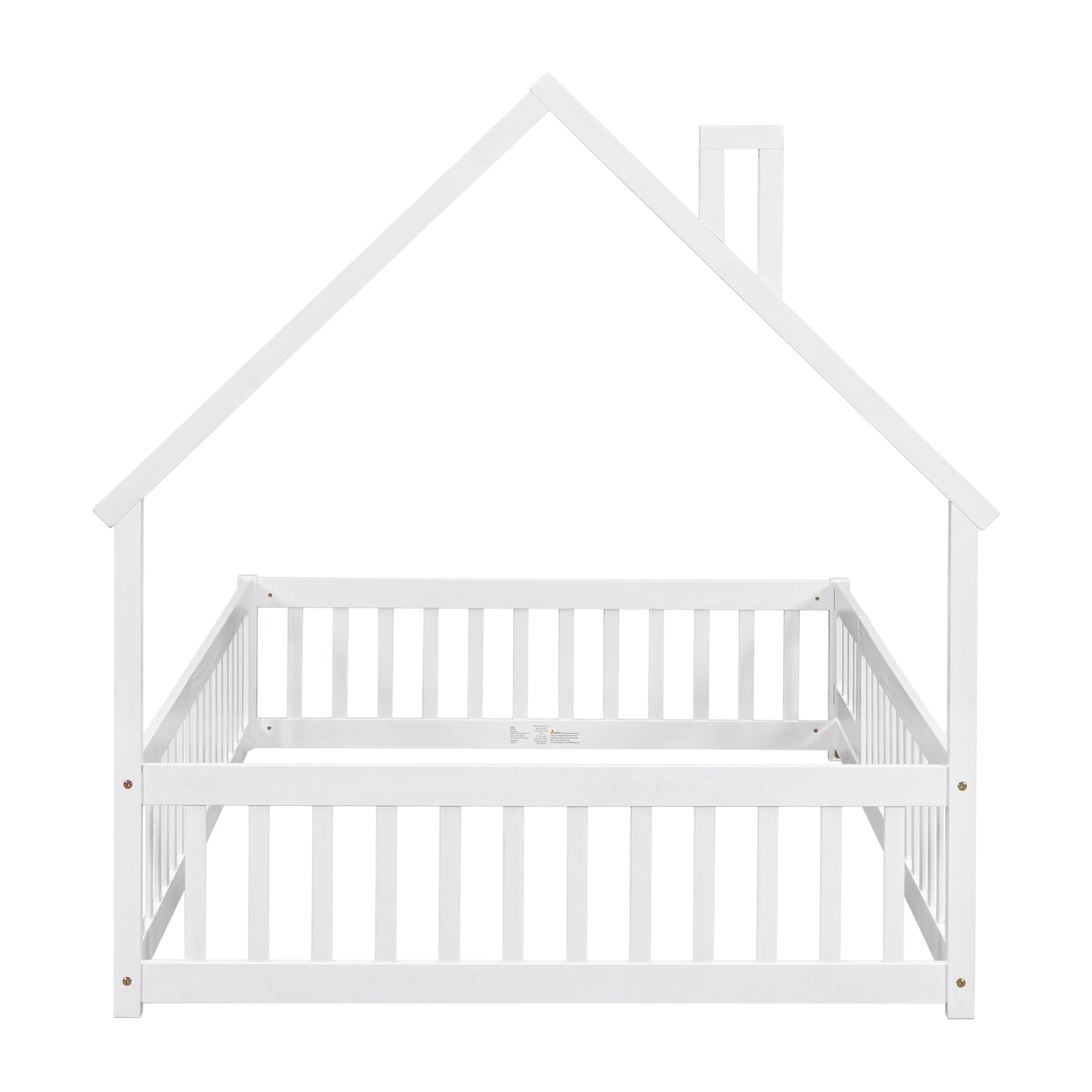 White wooden house bed frame with safety rails and chimney detail