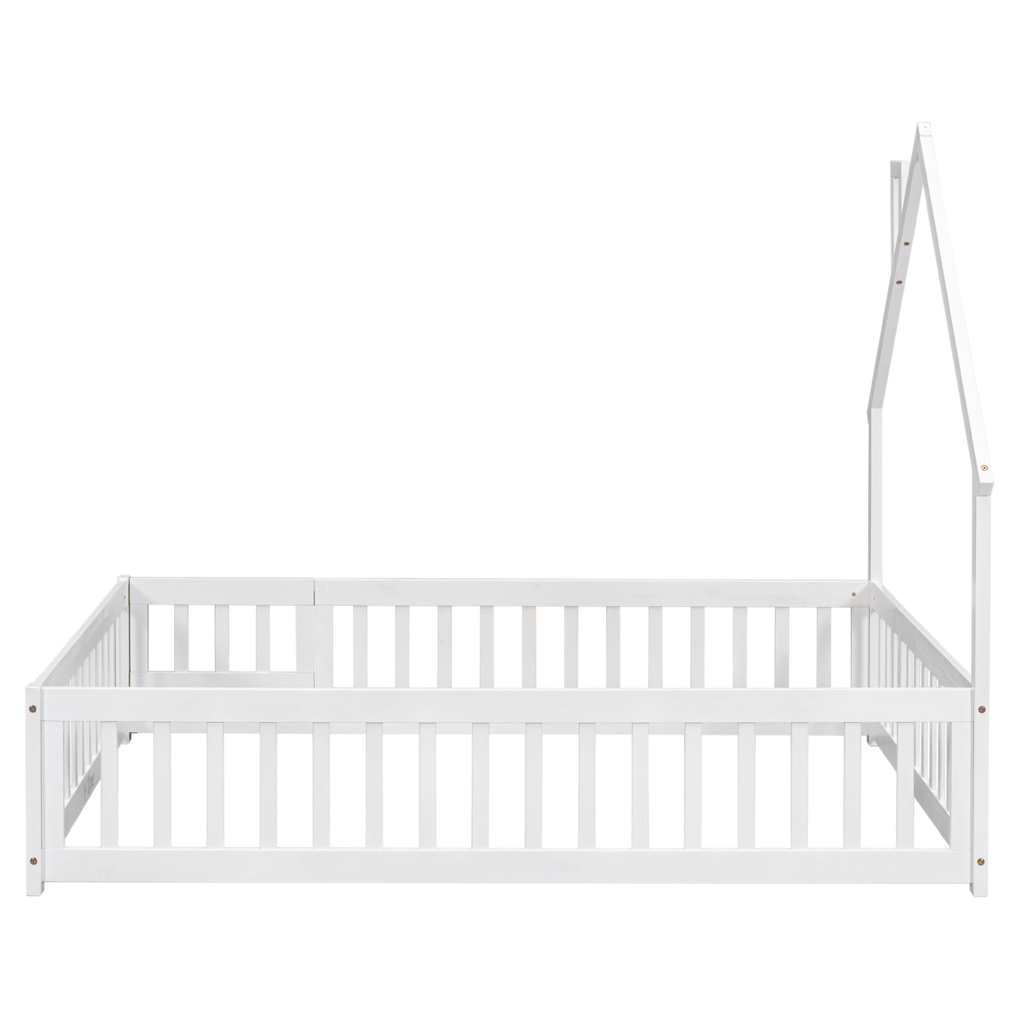 White wooden house bed frame with safety rails and peaked roof detail