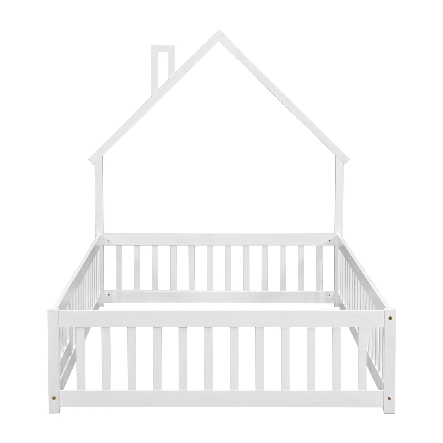 White wooden house bed frame with fence for toddlers