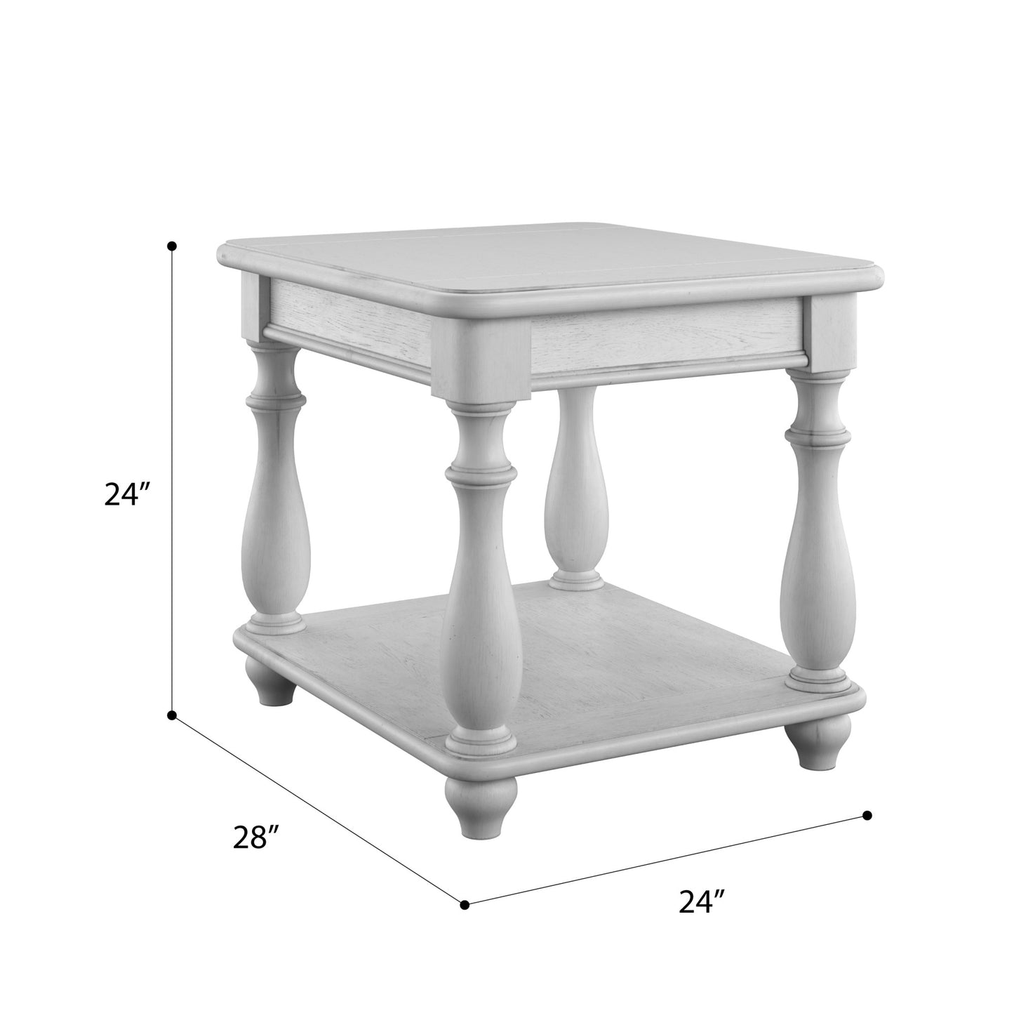 White distressed wood end table with turned legs and lower shelf