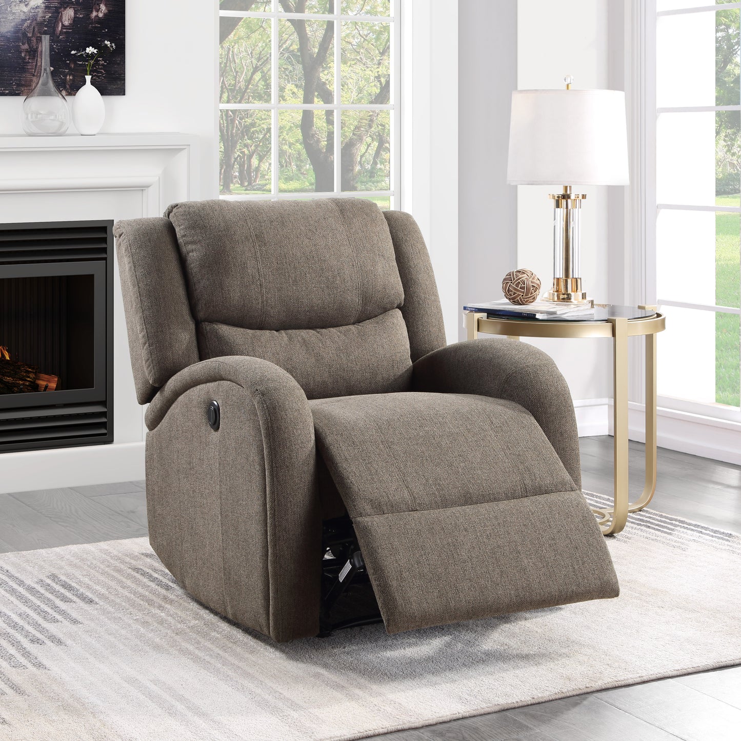 Brown fabric recliner chair with plush cushioning and metal lever Perfect for living rooms