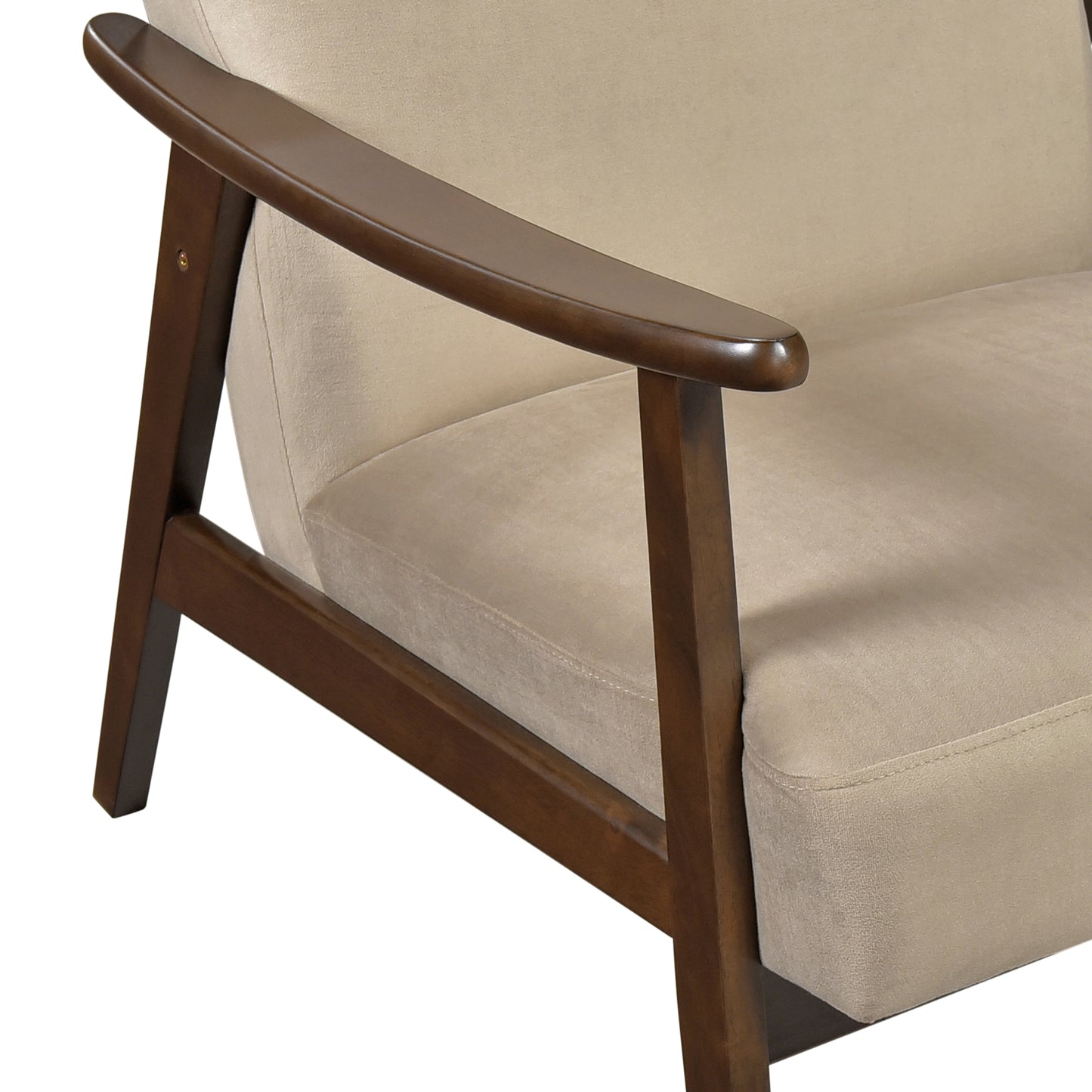 Closeup of a beige upholstered armchair with dark wood armrests and frame