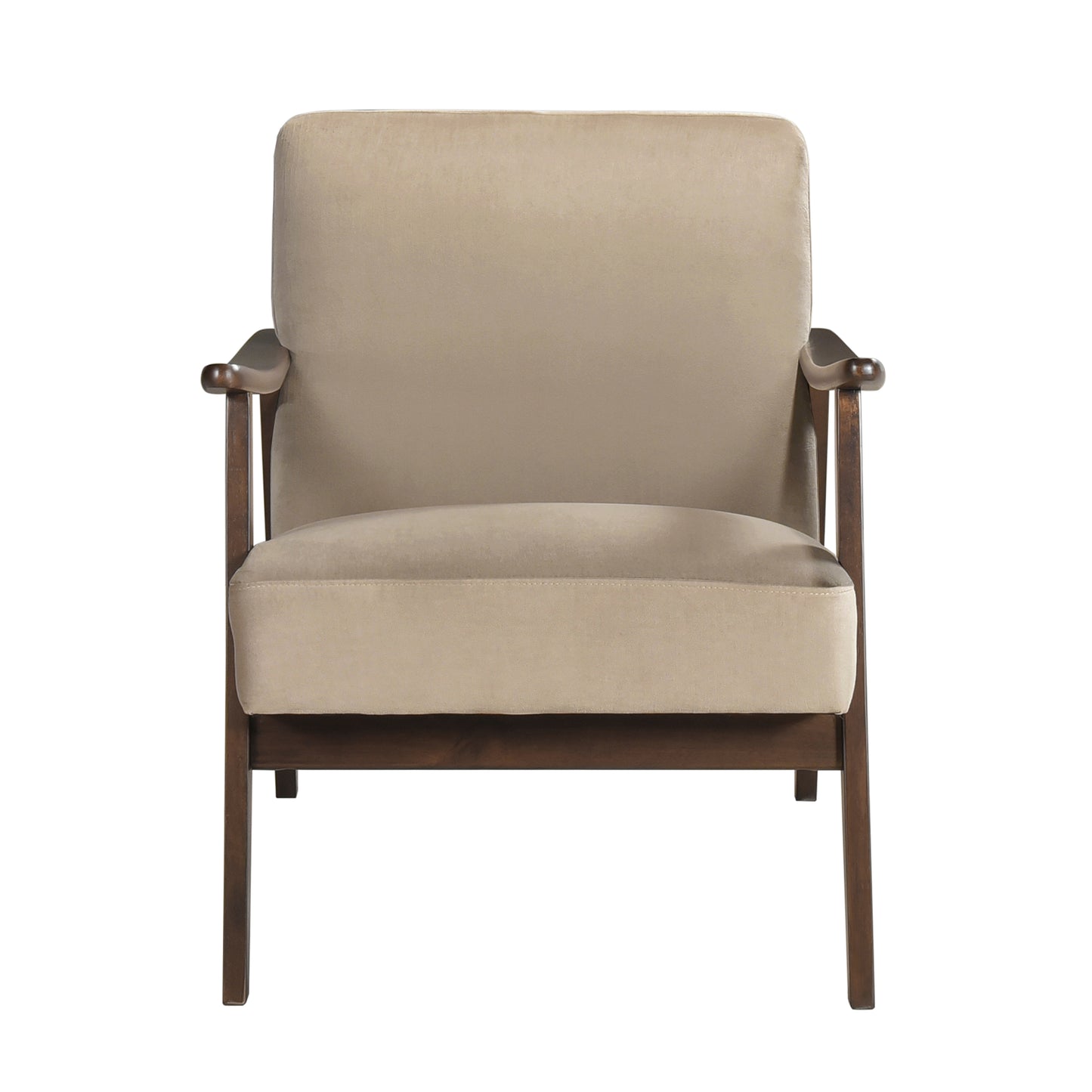 Comfortable accent chair in soft beige fabric with dark wood frame and arms perfect for living rooms