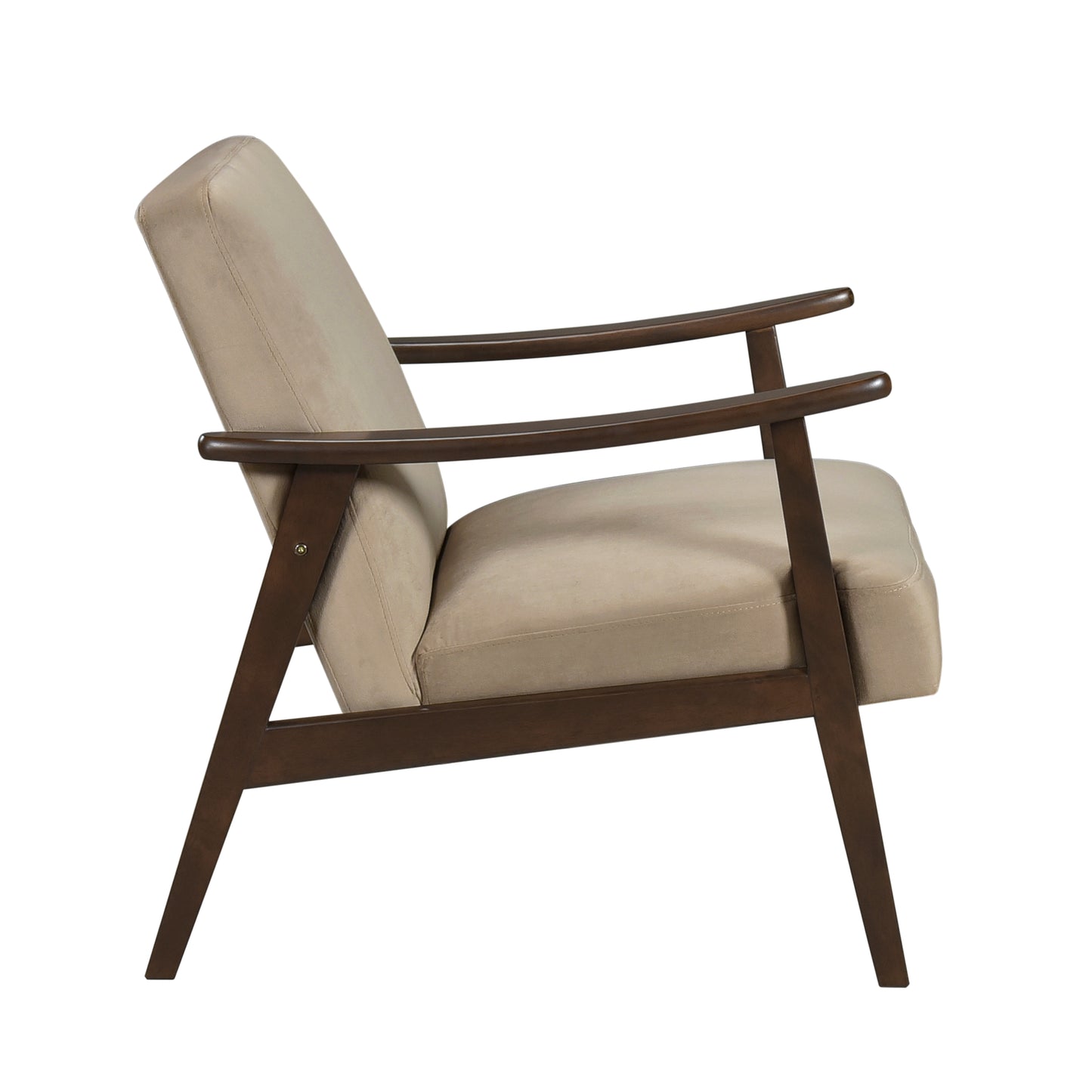 Beige upholstered armchair with dark wood frame and arms midcentury modern accent chair
