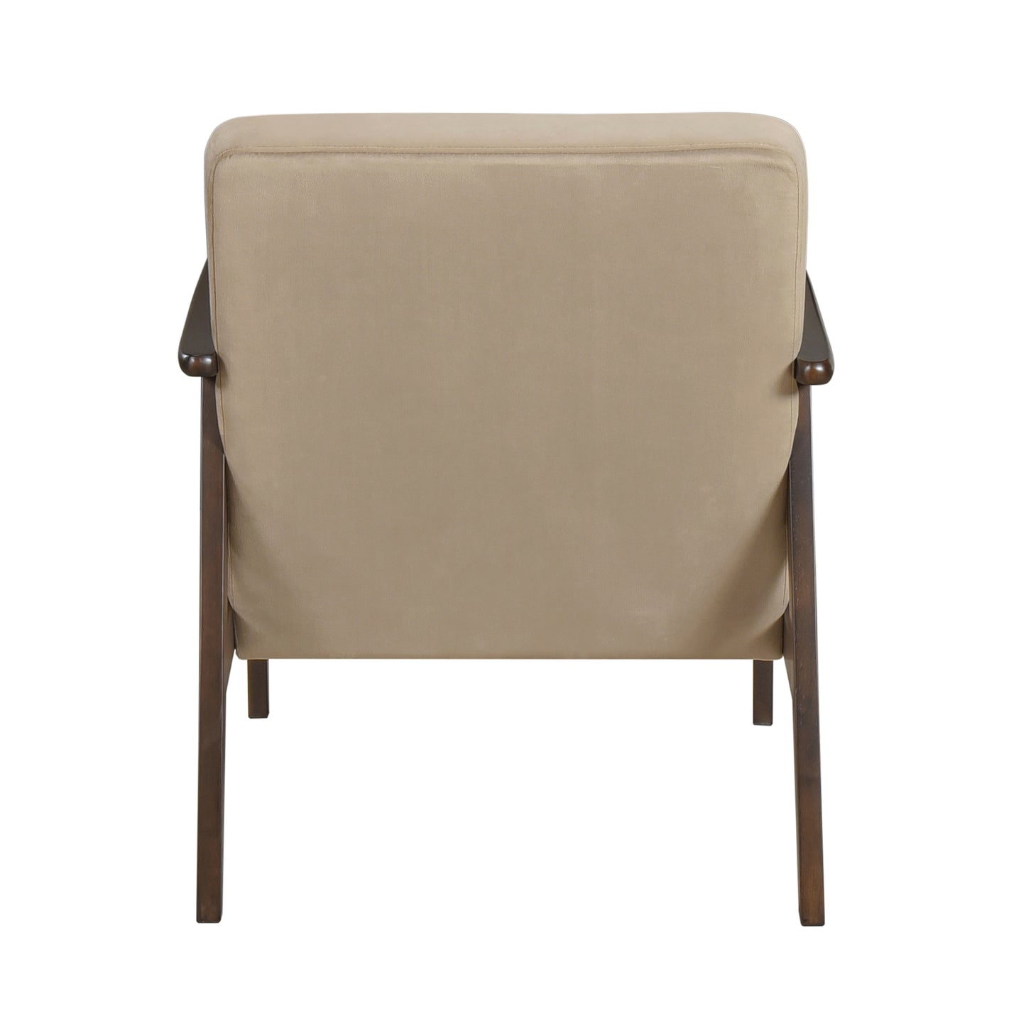 Back view of a beige fabric accent chair with dark wood frame