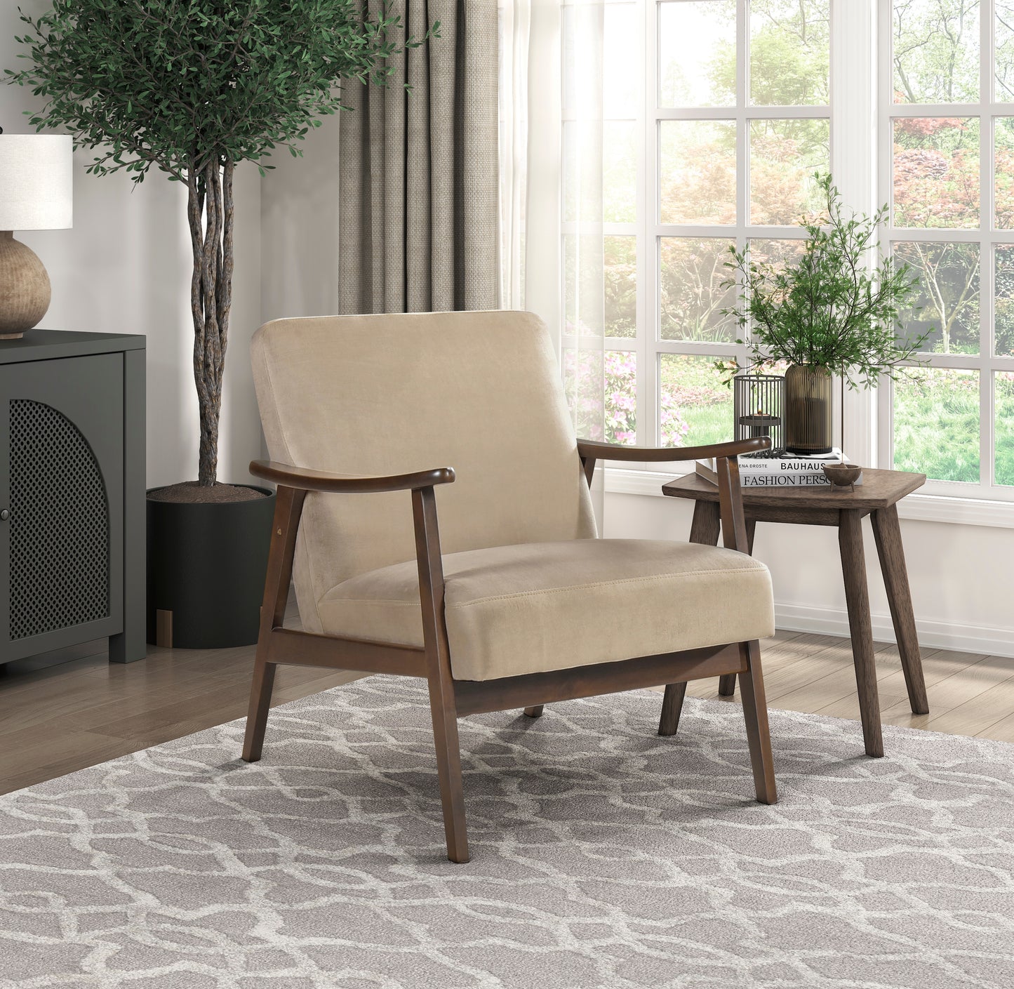 Cream velvet accent chair with wooden frame and armrests