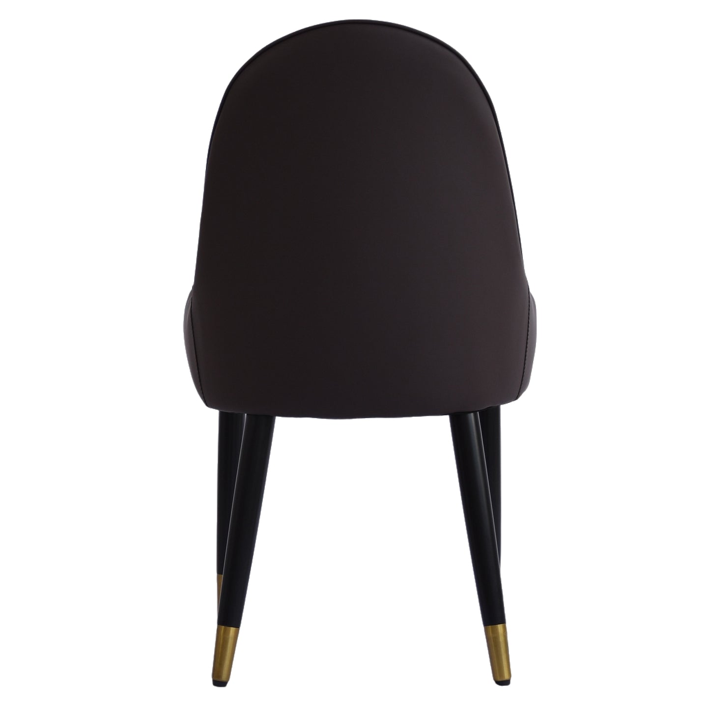 Dark brown upholstered dining chair with black legs and gold accents