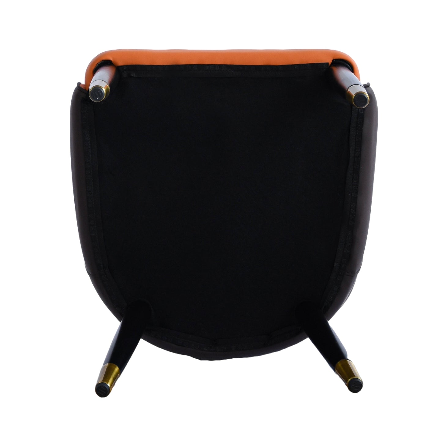 View of underside of an orange upholstered chair with black fabric backing and goldtipped wooden legs
