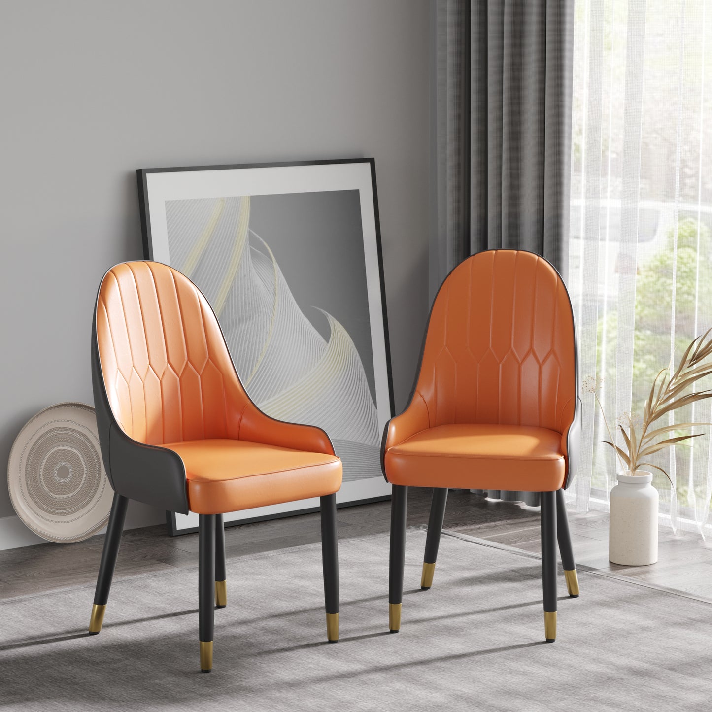 Orange upholstered dining chair with black legs and gold accents set of two