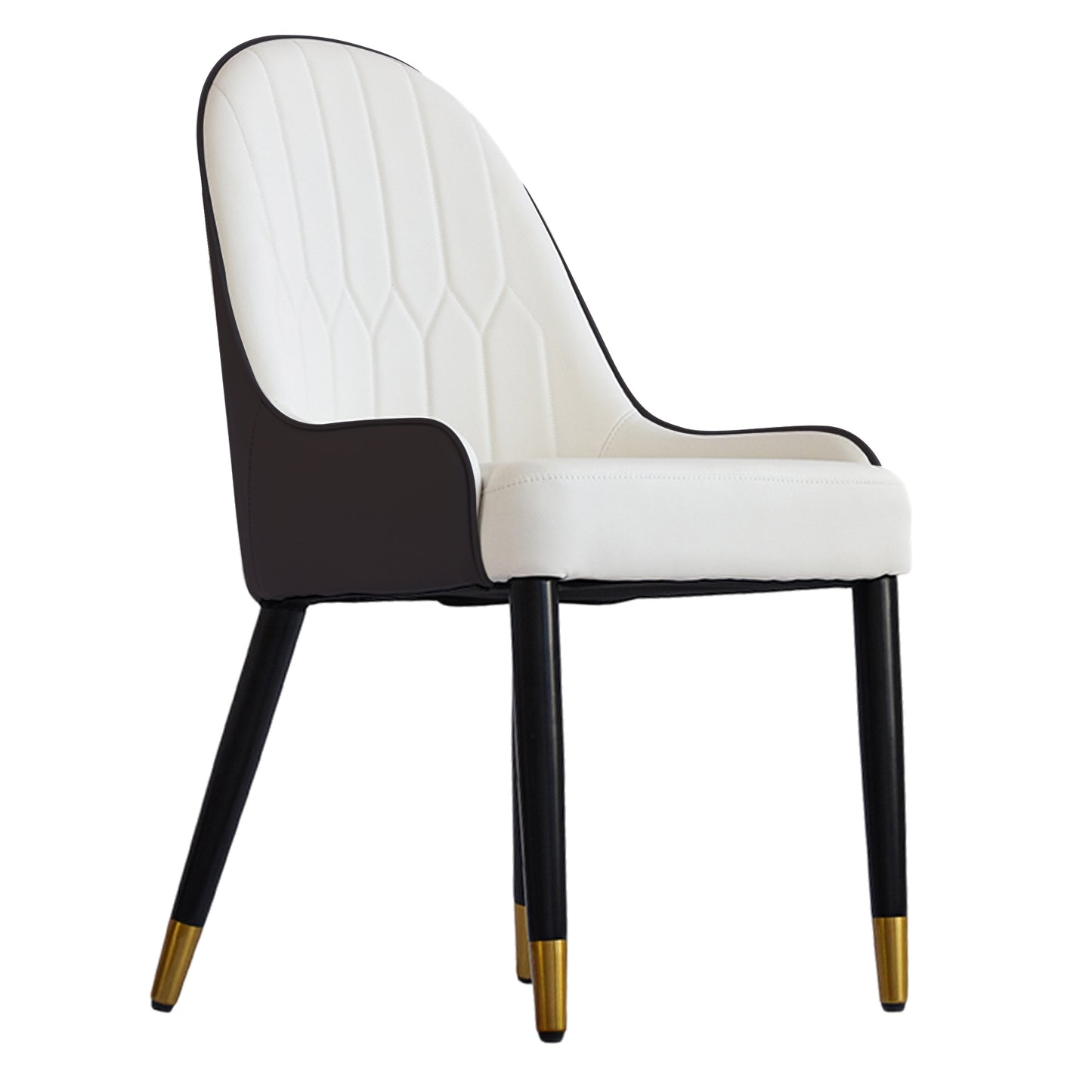 White and black upholstered dining chair with goldtipped black legs