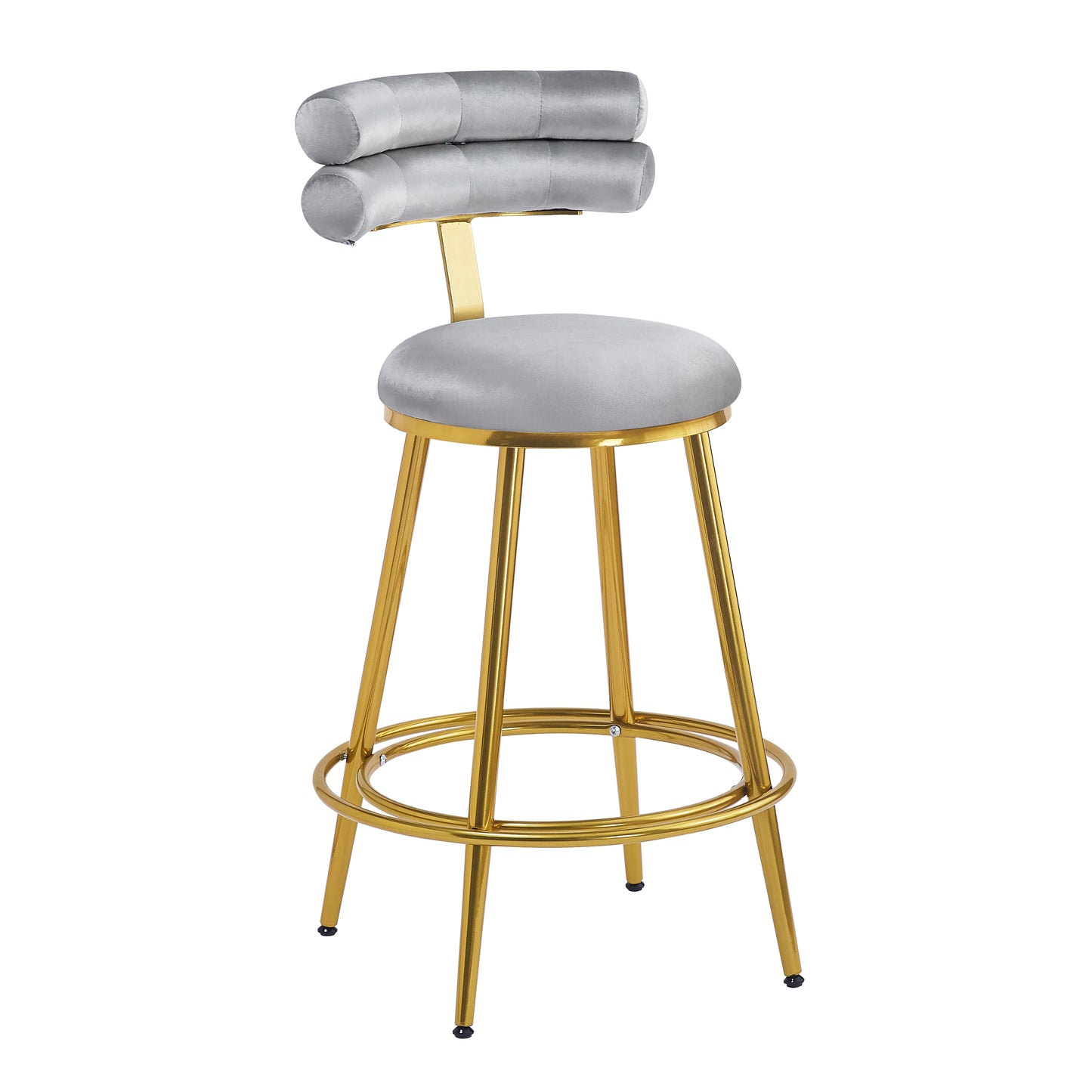 Sleek grey velvet bar stool with tufted back and polished gold legs perfect for modern kitchens