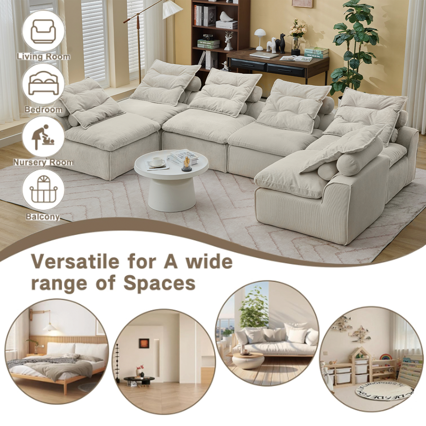 Comfortable modular sectional sofa in a neutral beige fabric ideal for modern living rooms