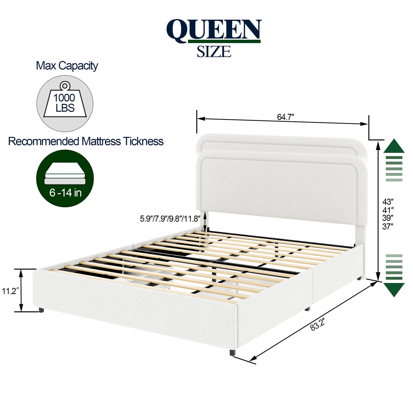 White upholstered queen bed frame with slatted base and detailed dimensions