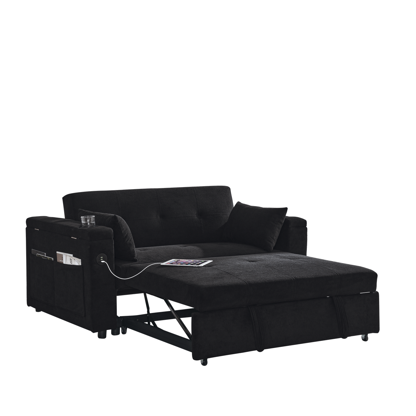 Black convertible sofa with storage armrest and USB ports ideal for small apartments