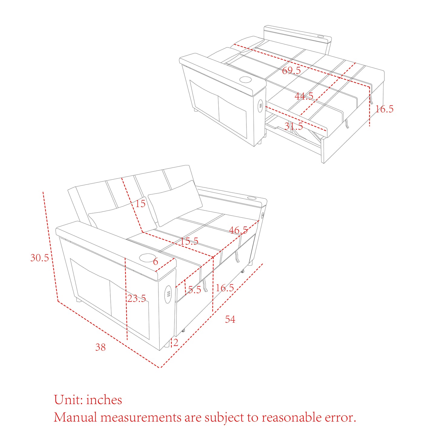 Blueprint diagram of a convertible sofa bed with dimensions marked in inches