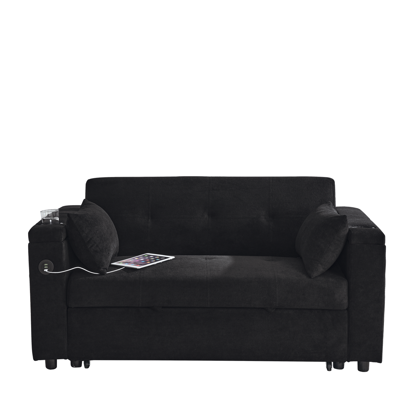 Black microfiber loveseat with integrated USB charging ports and cup holders